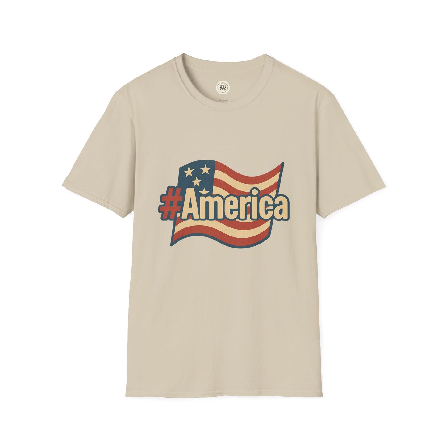 Printify beige Fourth of July America t-shirt with vintage American flag and hashtag America design