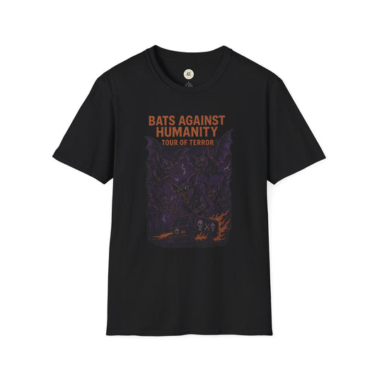 Black bats against humanity t-shirt with spooky bats and tour of terror graphic design
