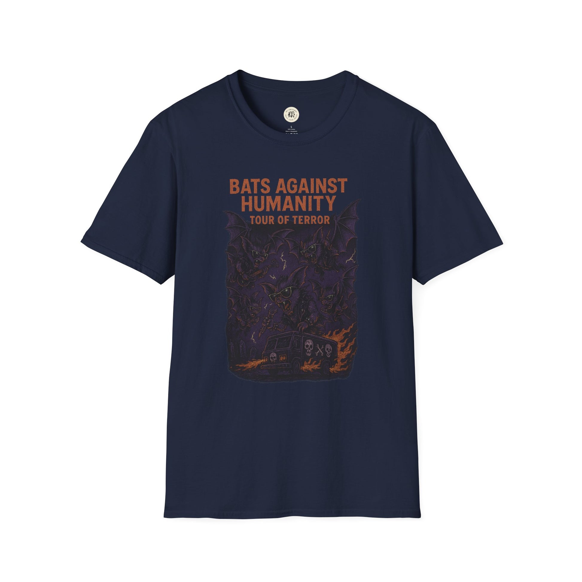 Navy blue bats against humanity t-shirt with horror-themed graphic and tour of terror text