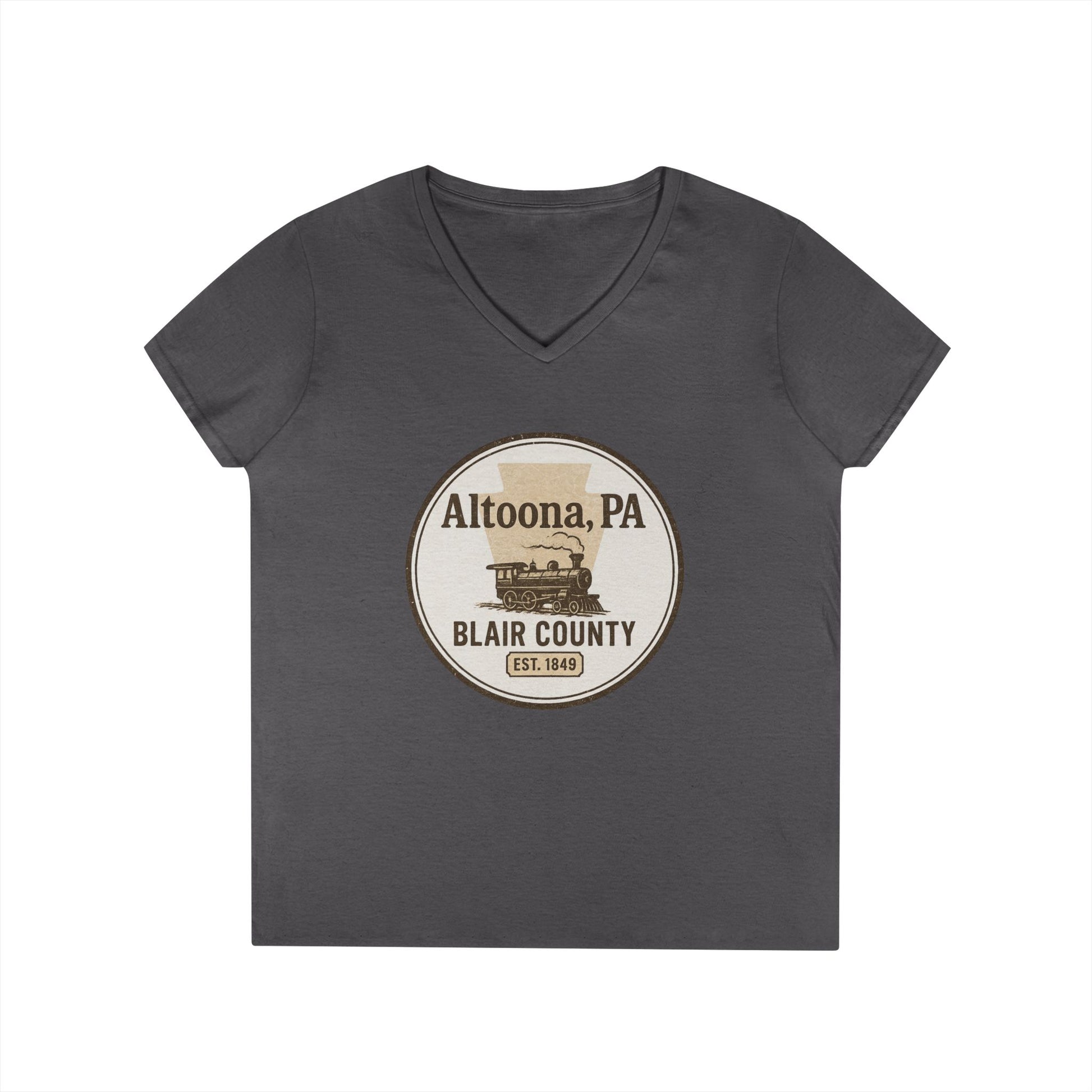 Printify V-neck Blair County Altoona PA t-shirt in dark gray with vintage train graphic design