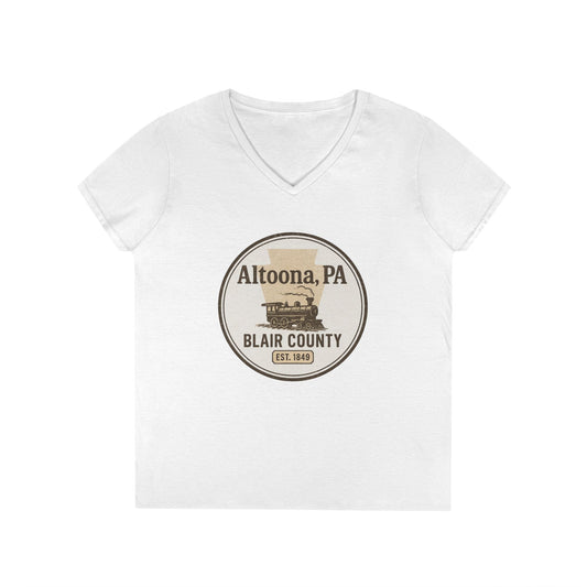 White V-neck Blair County Altoona PA t-shirt with vintage train graphic and established date 1849