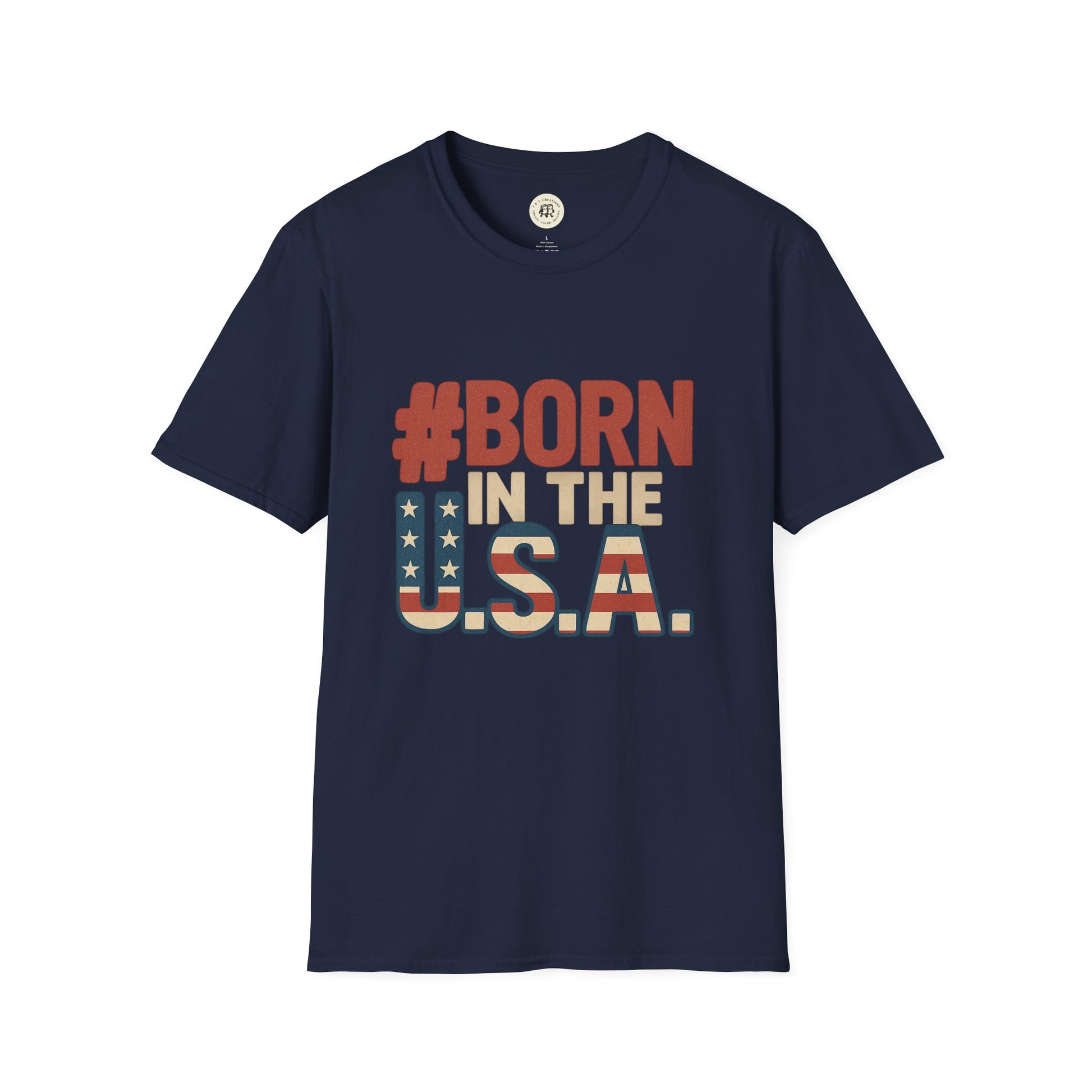 Navy blue Born in the USA t-shirt with red, white, and blue patriotic text design