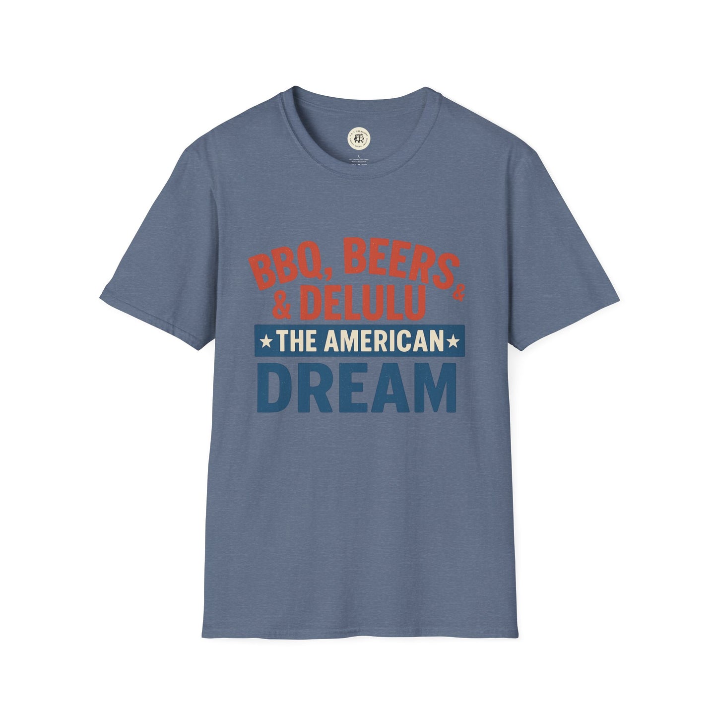 Printify BBQ beers American dream shirt in blue with red and navy text graphic design
