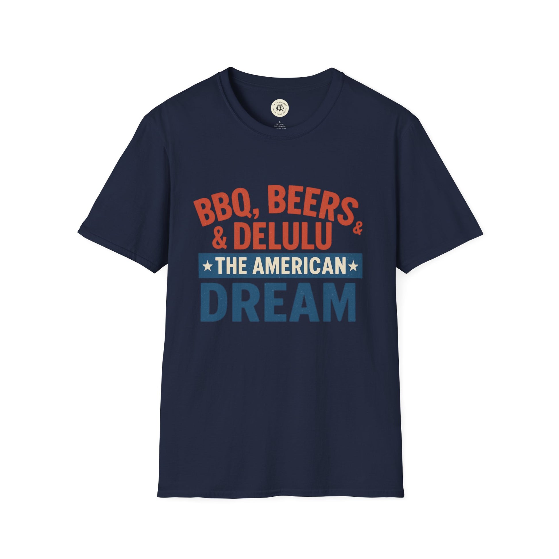 Navy blue Printify t-shirt with BBQ beers American dream shirt graphic text design