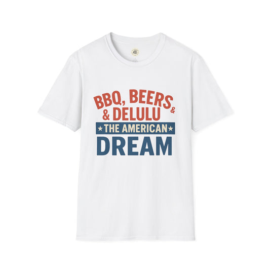 White Printify t-shirt with BBQ beers American dream shirt graphic text in red and blue