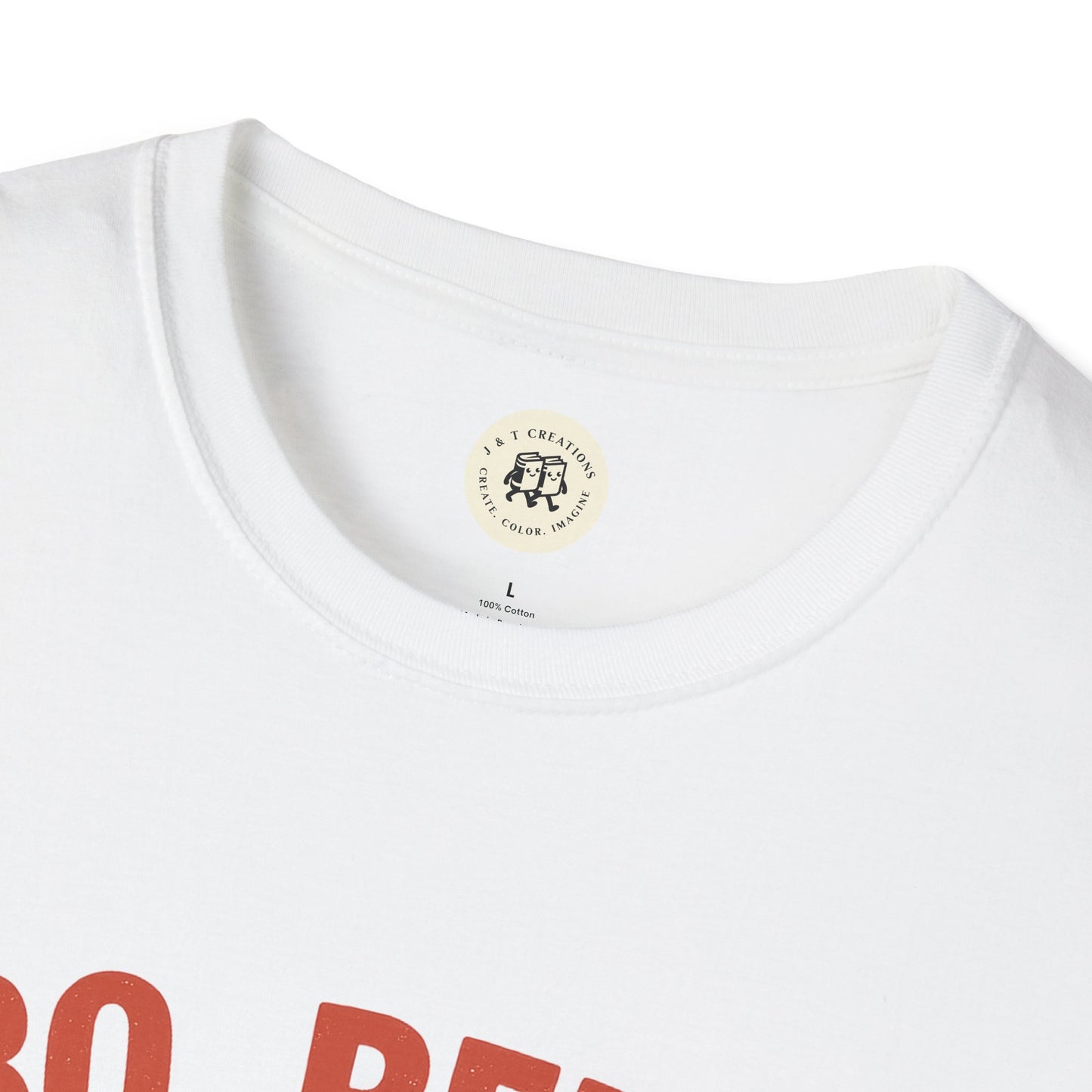 Close-up of Printify white T-shirt collar with partial BBQ beers American dream shirt text in red