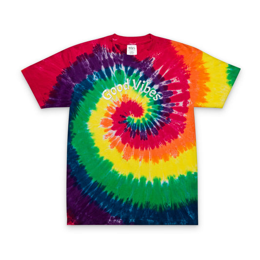 Printify embroidered tie-dye oversized t-shirt with vibrant rainbow spiral and Good Vibes text