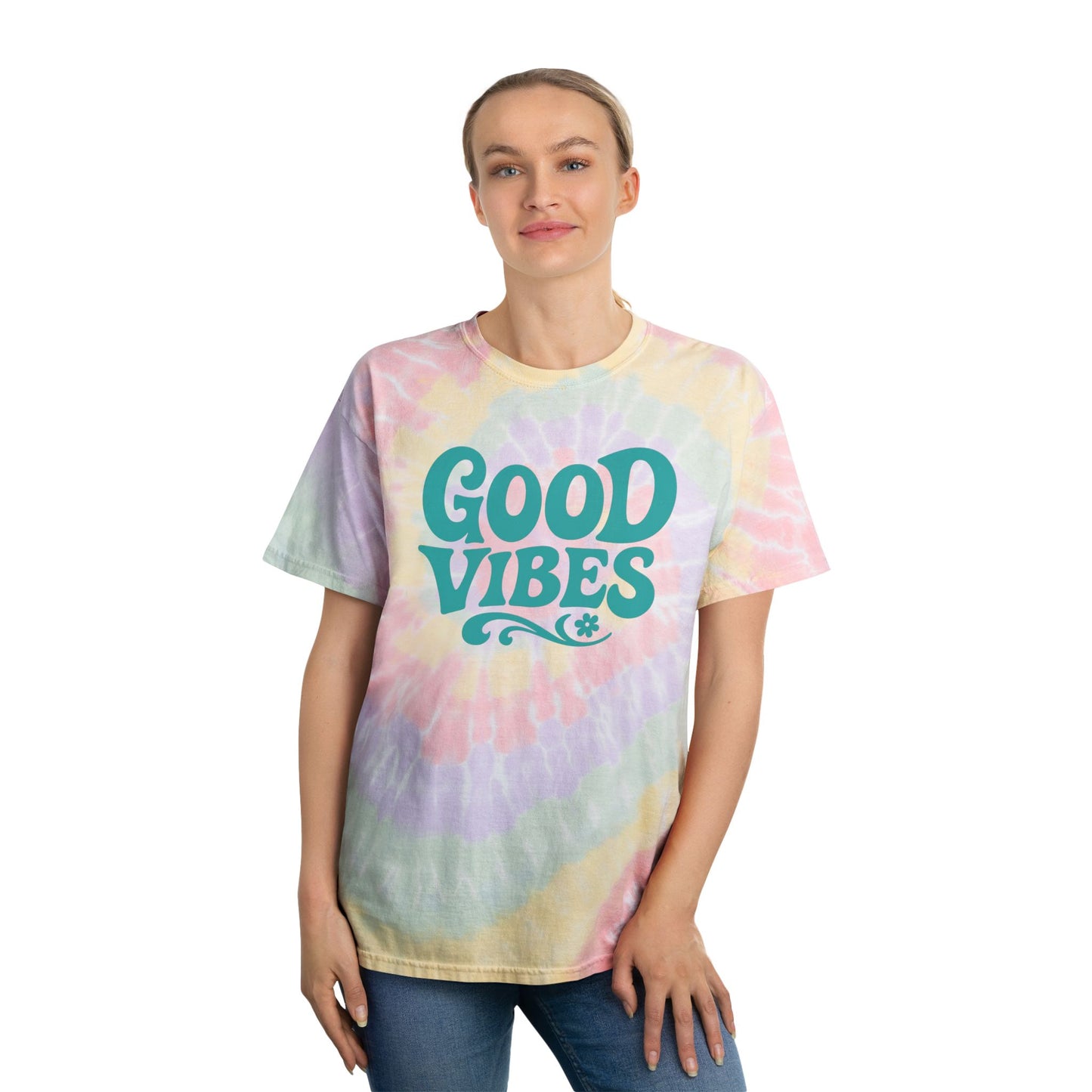 Printify good vibes summer tee with pastel tie-dye design worn by a smiling woman