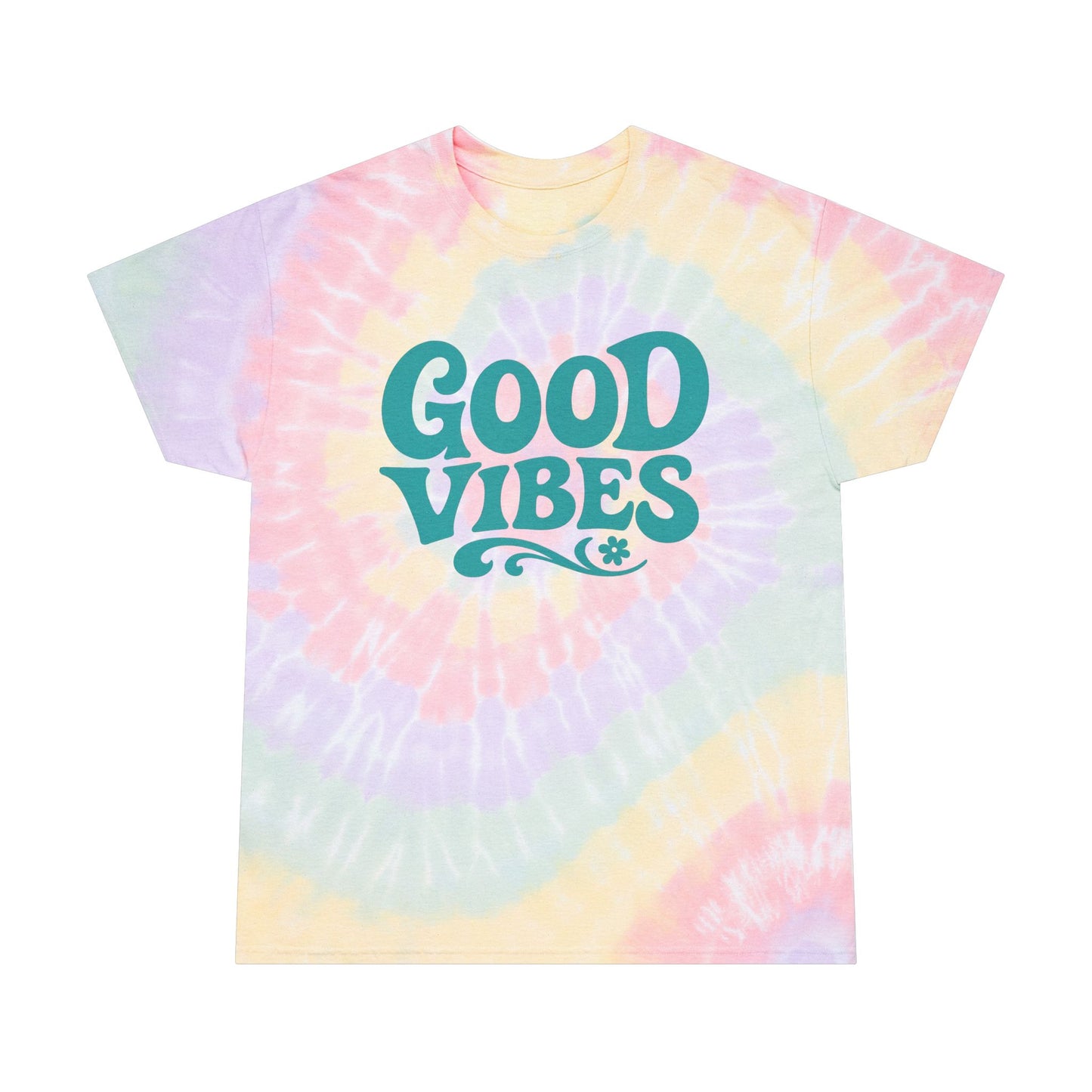 Printify good vibes summer tee pastel tie-dye t-shirt with green text graphic