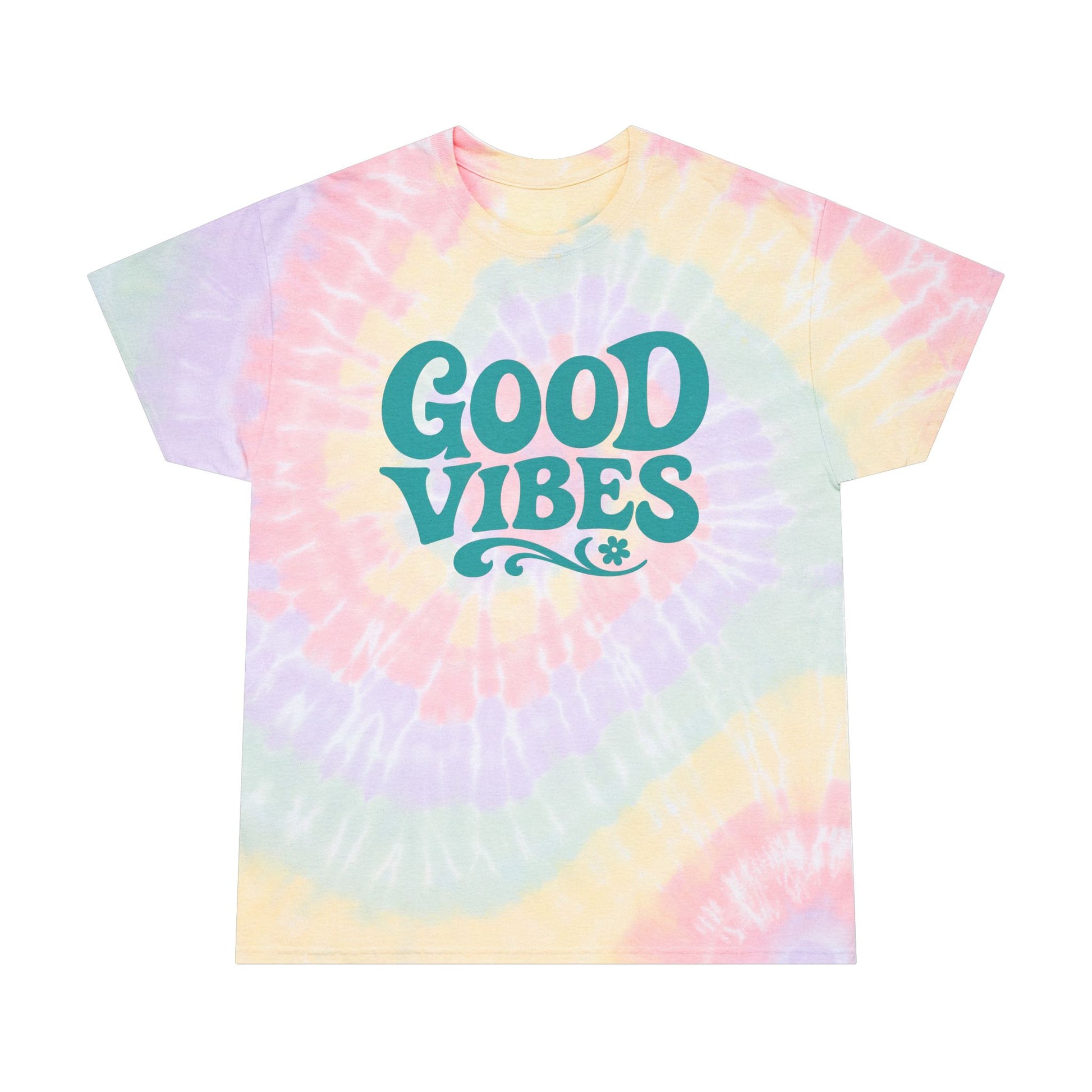 Printify good vibes summer tee pastel tie-dye t-shirt with green text graphic