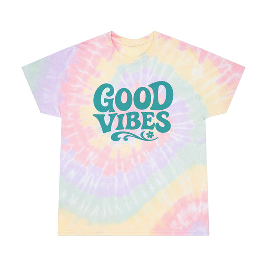 Printify good vibes summer tee pastel tie-dye t-shirt with green text graphic