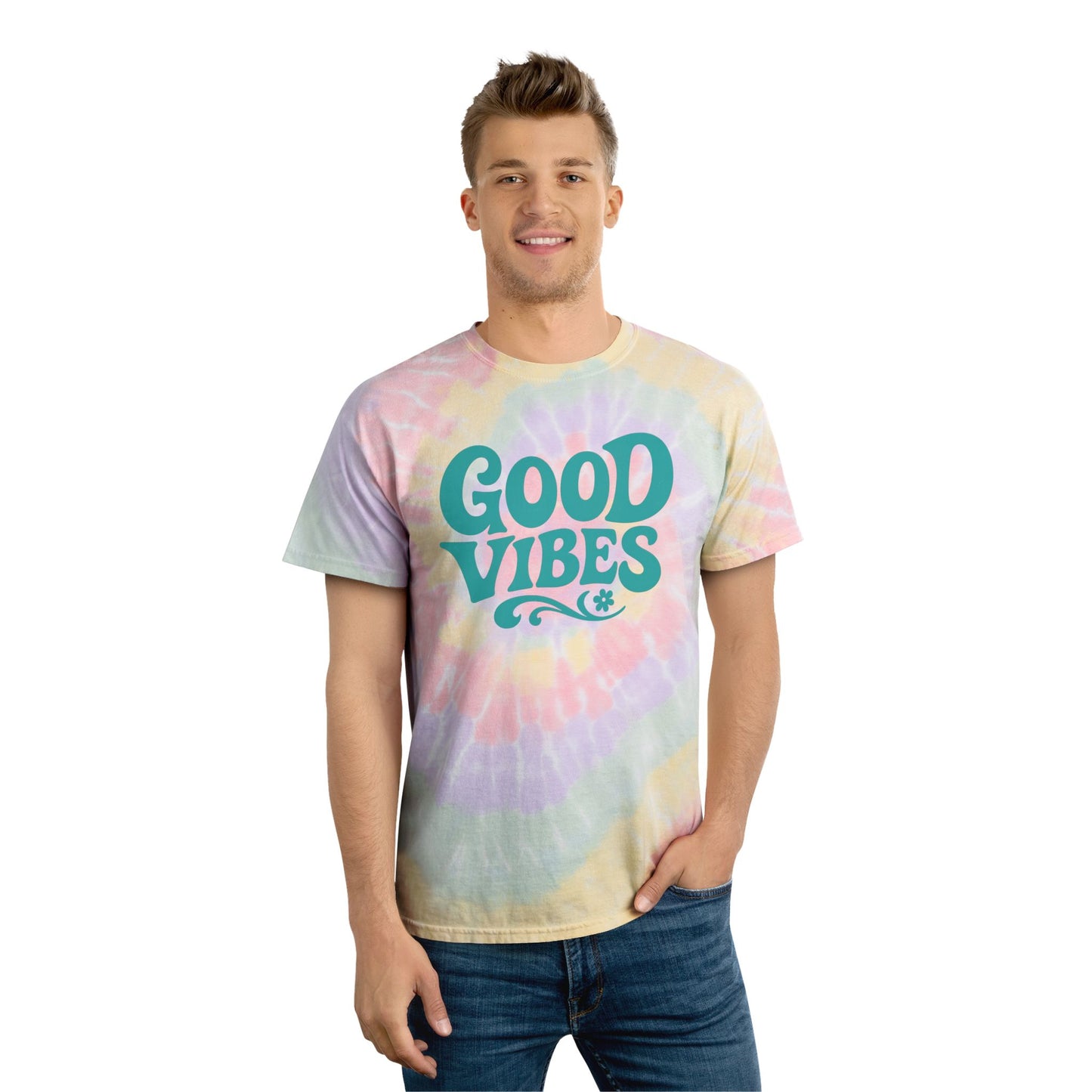Printify tie dye good vibes summer tee worn by man with short hair and jeans