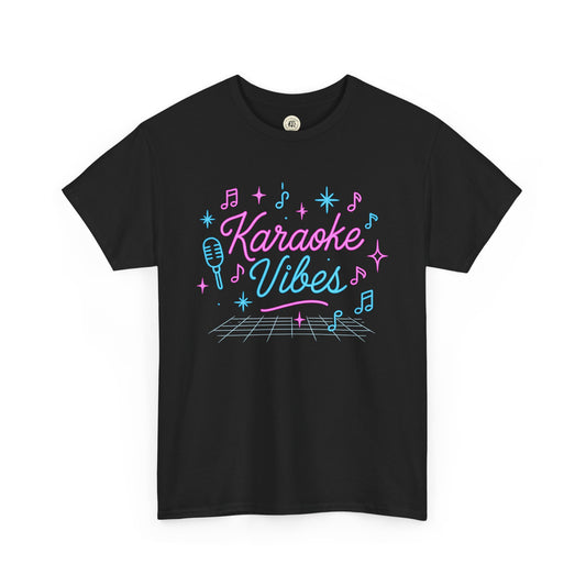 Black Printify karaoke vibes t-shirt with colorful neon microphone and musical notes design