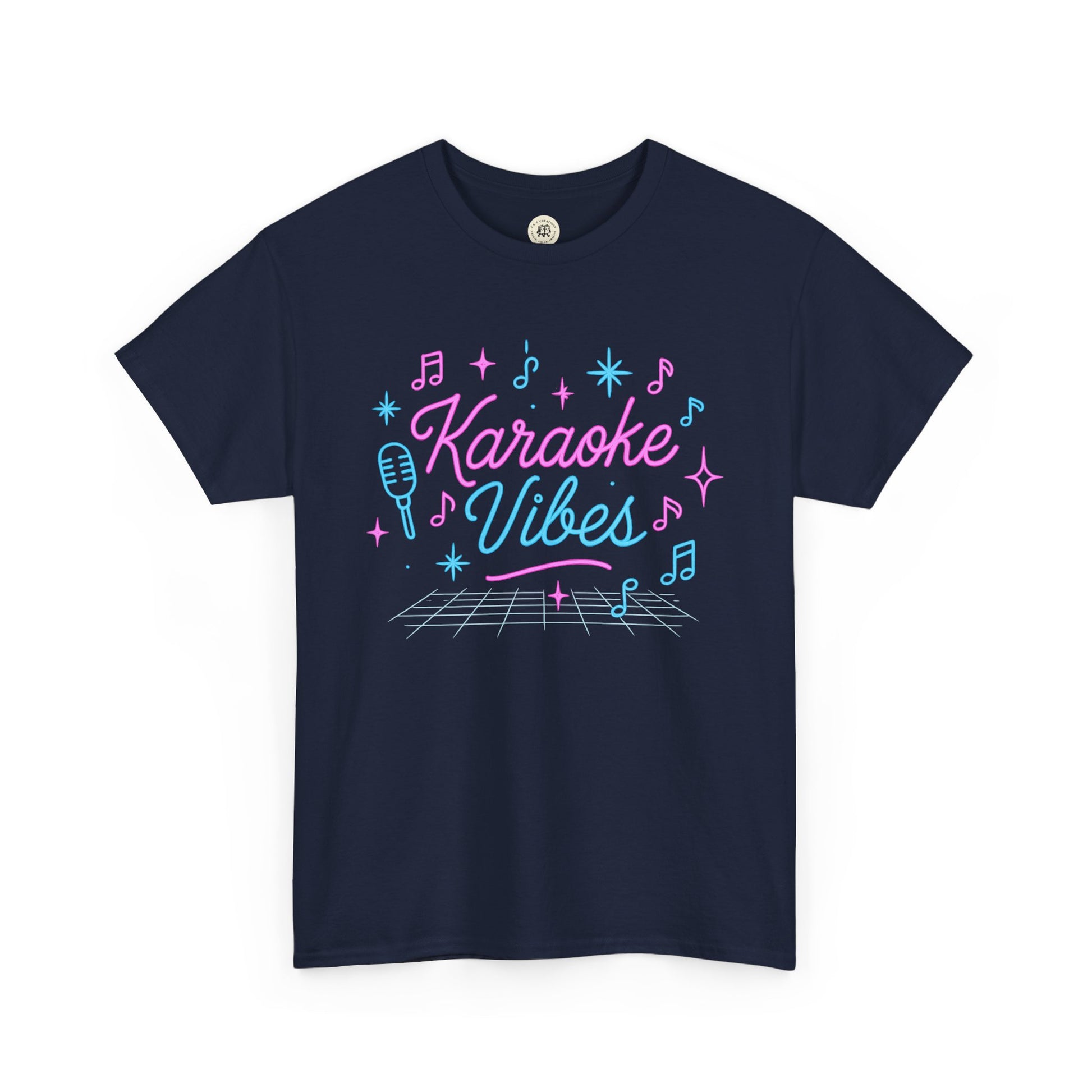 Navy Printify karaoke vibes t-shirt with colorful music notes and retro microphone design