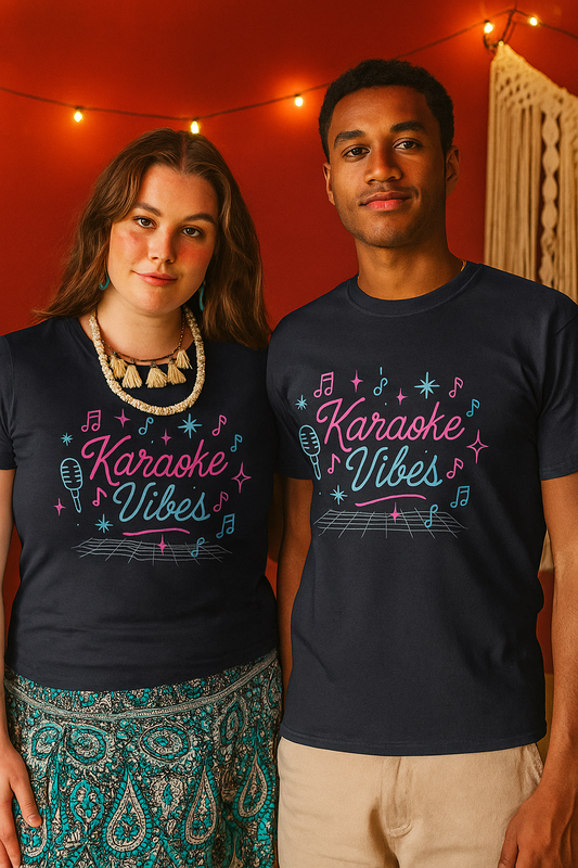 Couple wearing matching black karaoke vibes t-shirt with colorful musical notes and microphone design