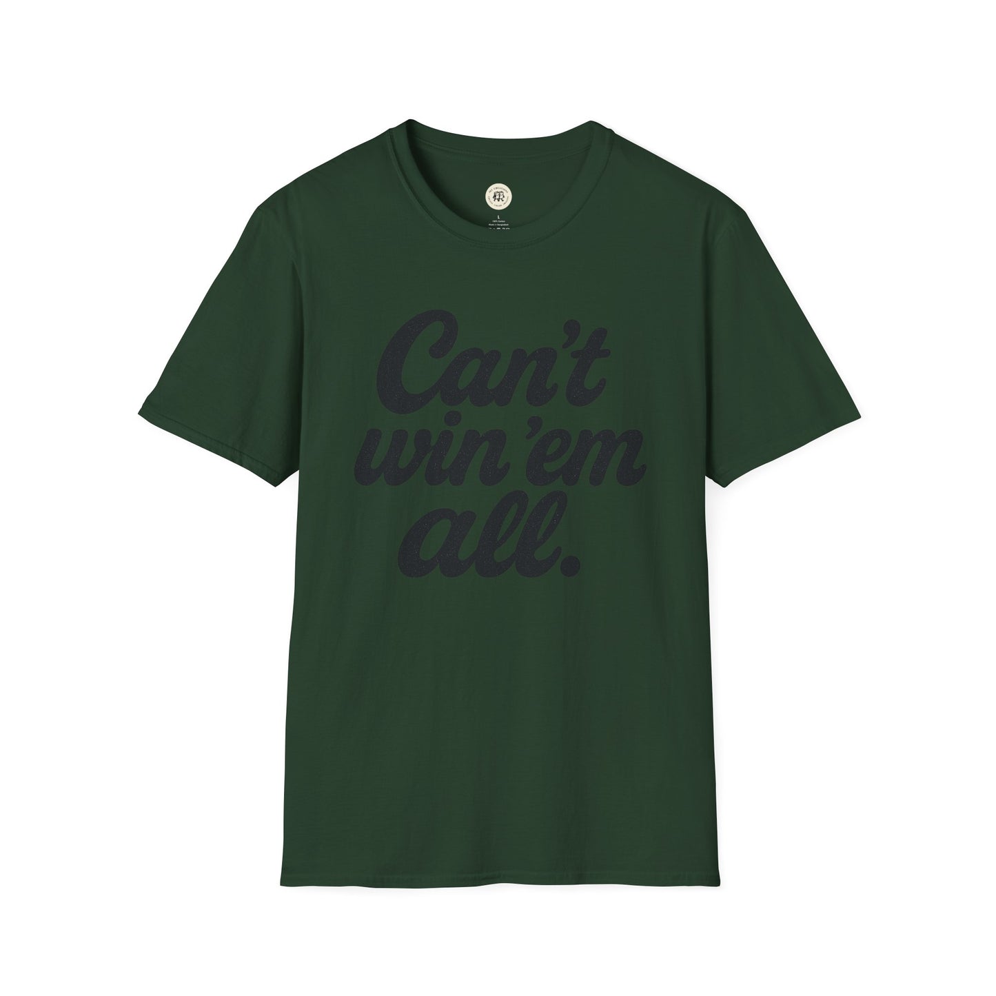 Green Printify t-shirt with can't win em all graphic tee text in bold script font