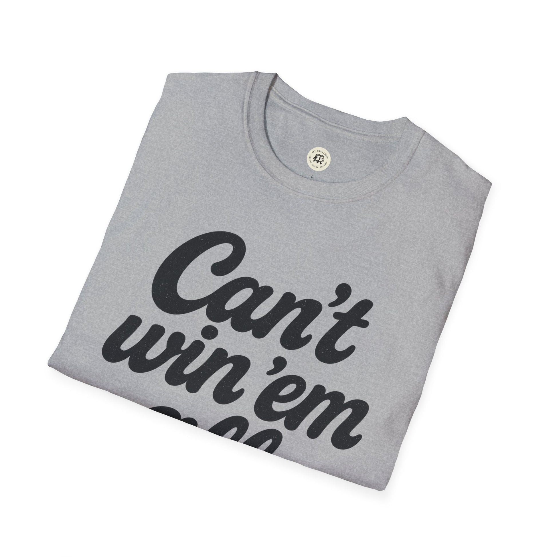 Folded gray Printify t-shirt with bold black text saying can't win em all graphic tee