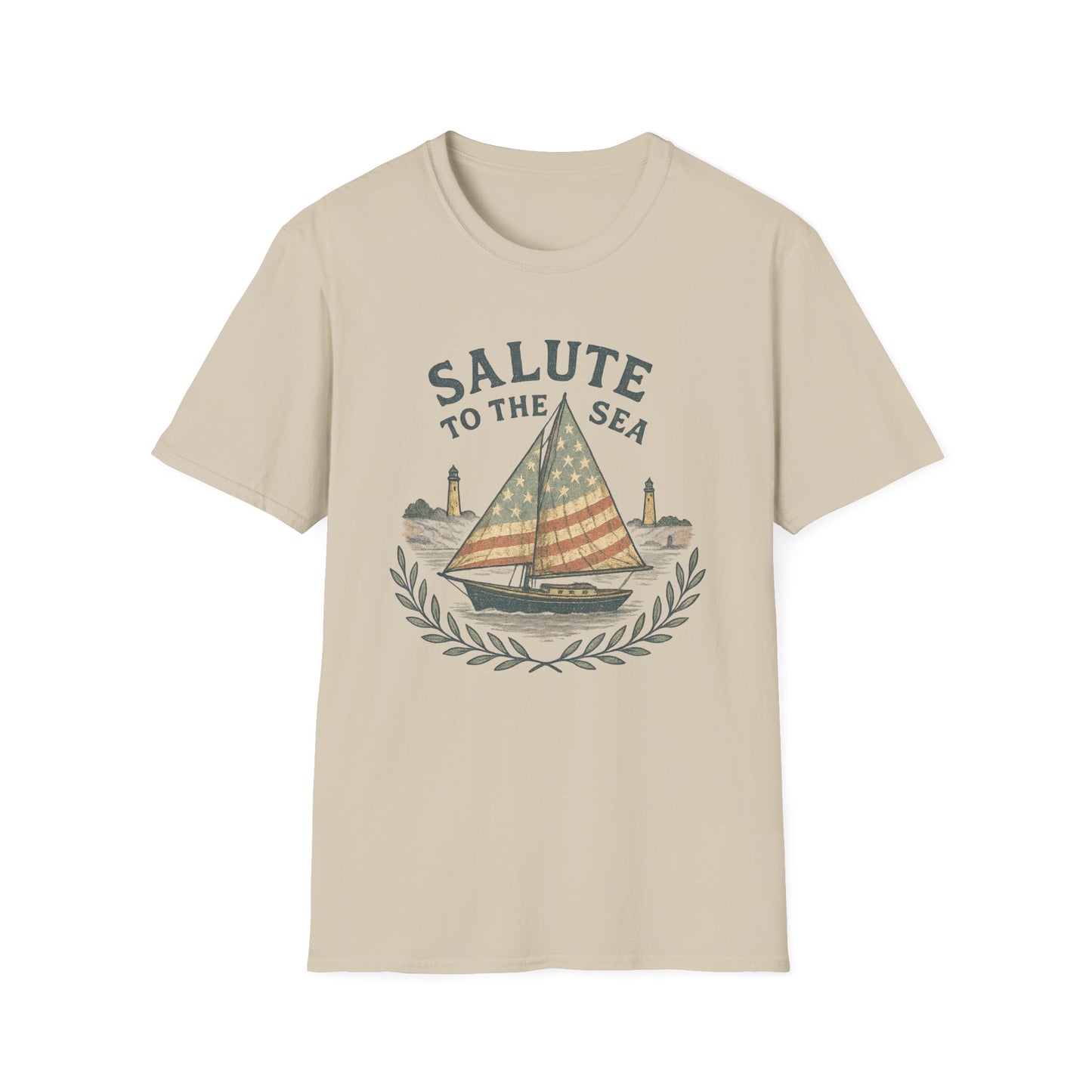 Printify beige Cape Cod sailboat t-shirt with American flag sail and salute to the sea design