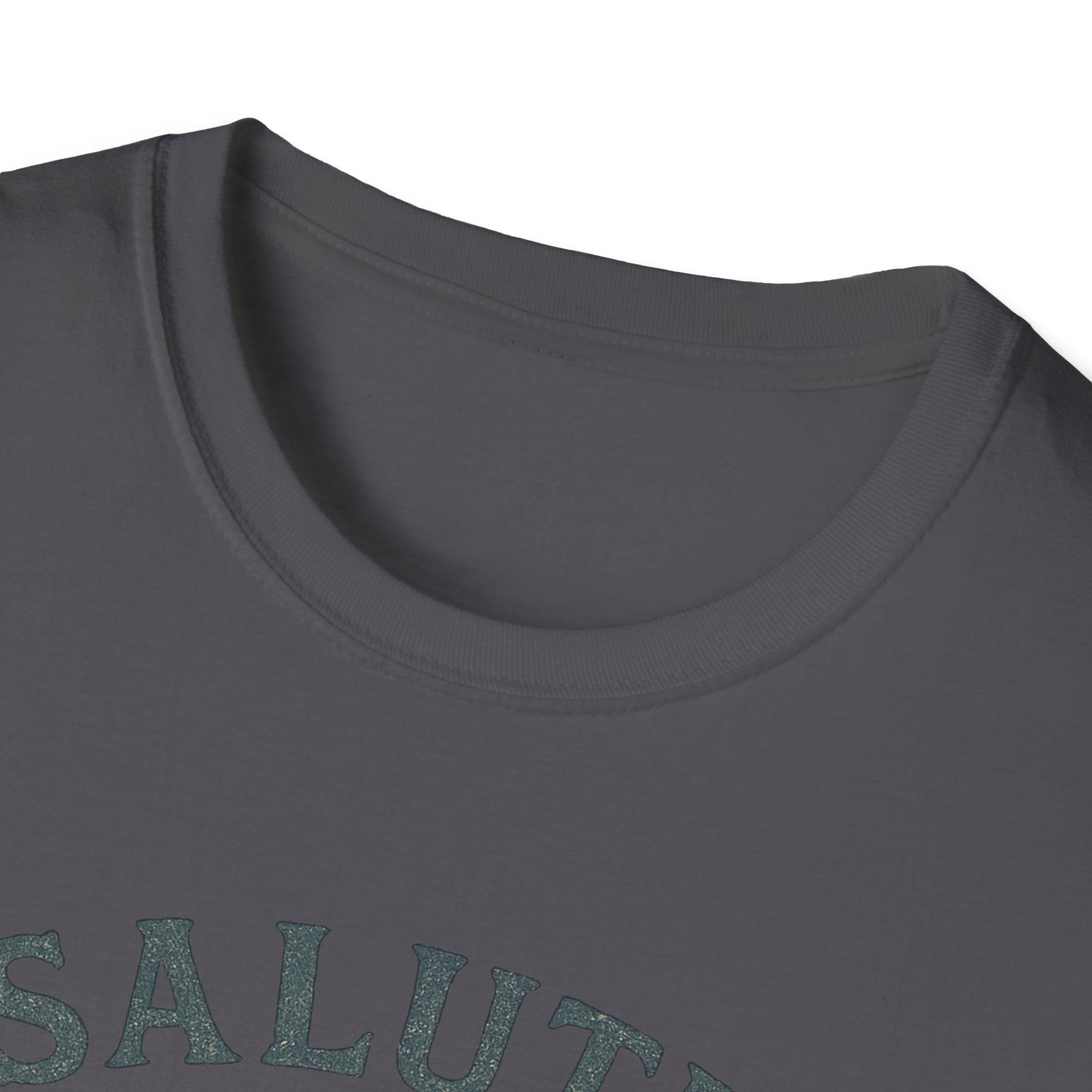 Close-up of dark gray Cape Cod sailboat t-shirt with detailed round neckline and textured print