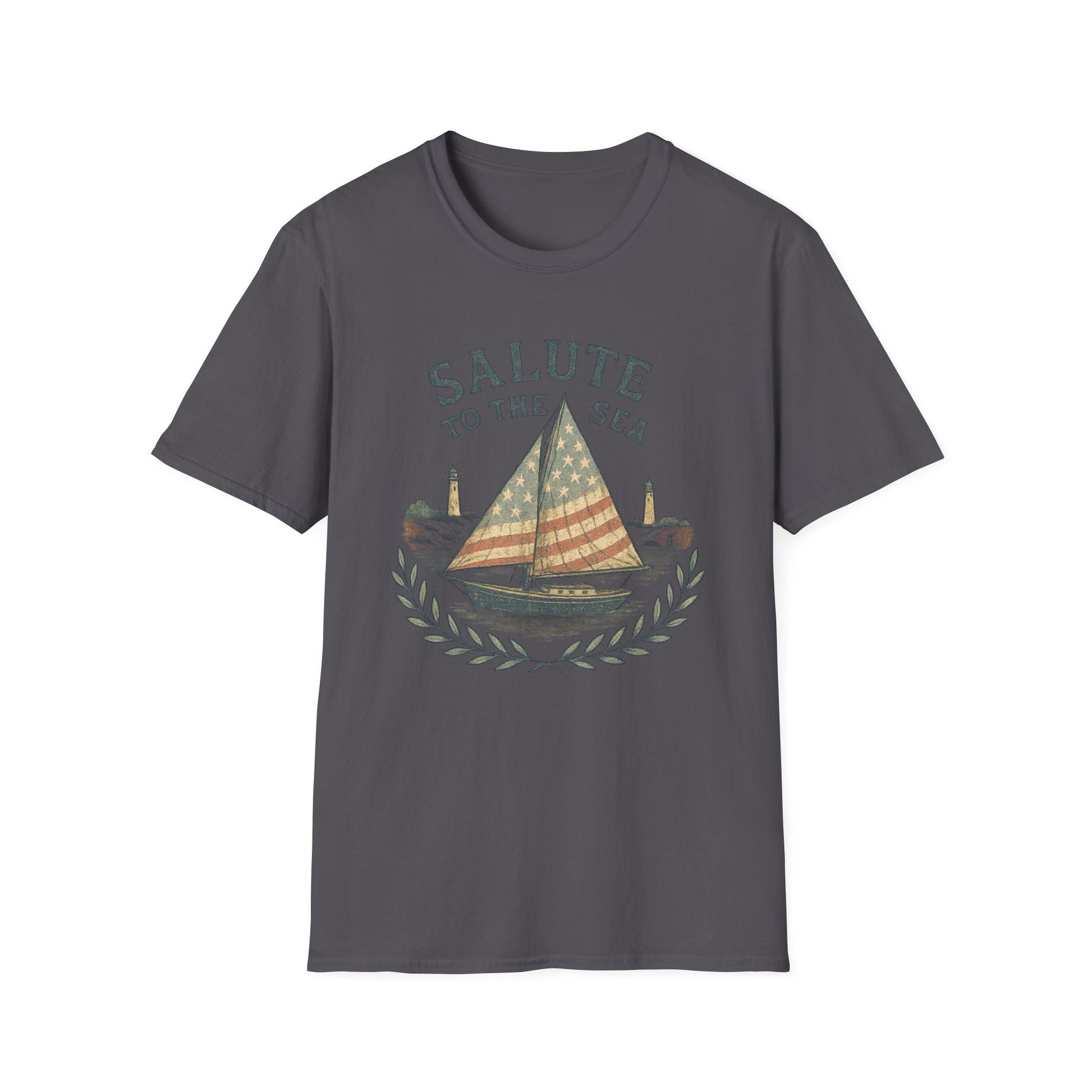 Printify Cape Cod sailboat t-shirt with vintage sailboat and lighthouse design on dark gray fabric