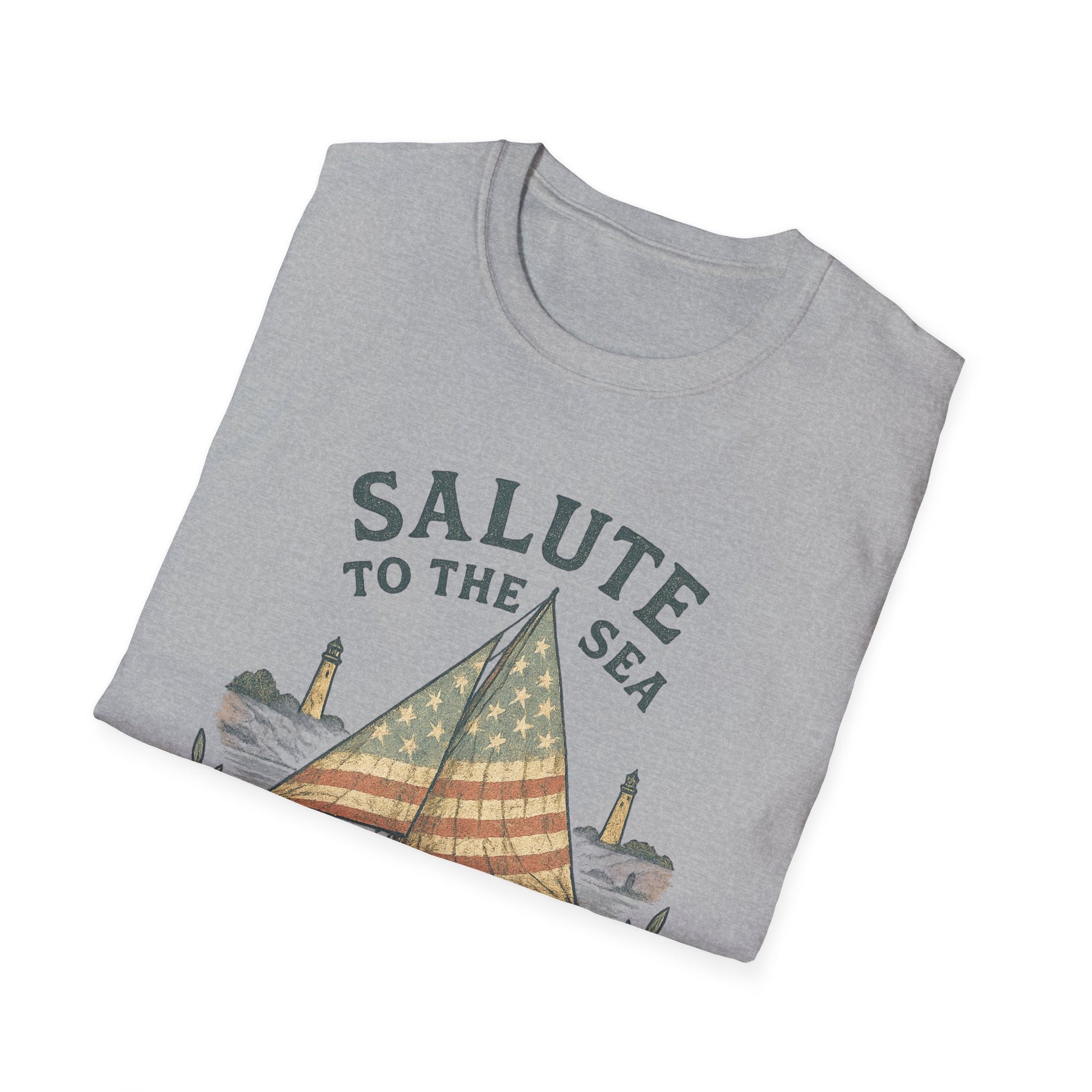 Folded gray Printify Cape Cod sailboat t-shirt with patriotic sail and lighthouse design