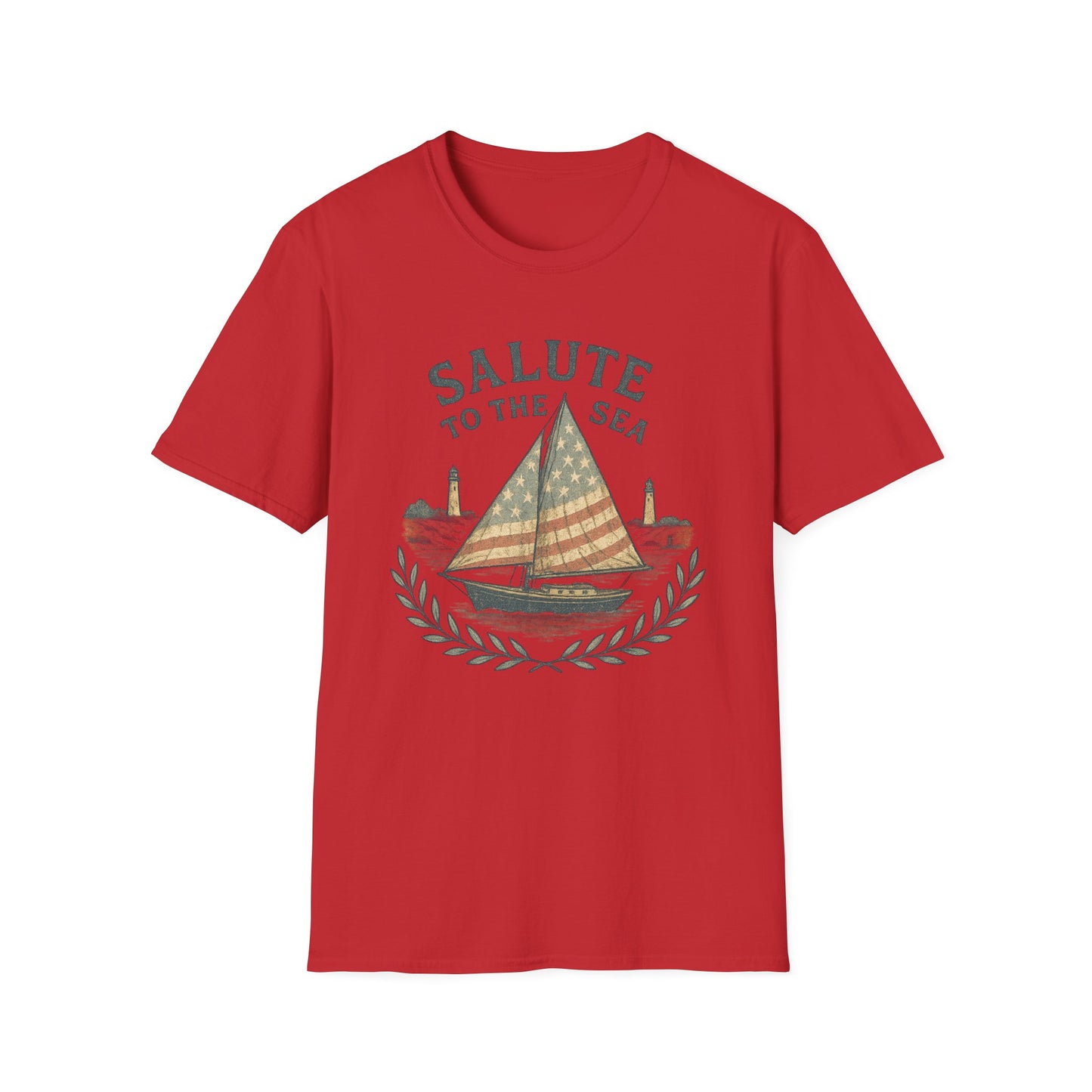 Red Cape Cod sailboat t-shirt with vintage sailboat and lighthouse design and salute to the sea text