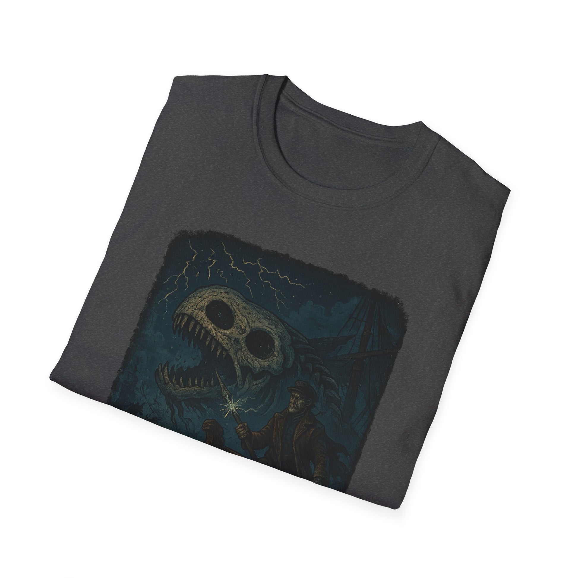 Printify black T-shirt featuring Captain Ahab bone whale tee with dark stormy sea and whale skull design