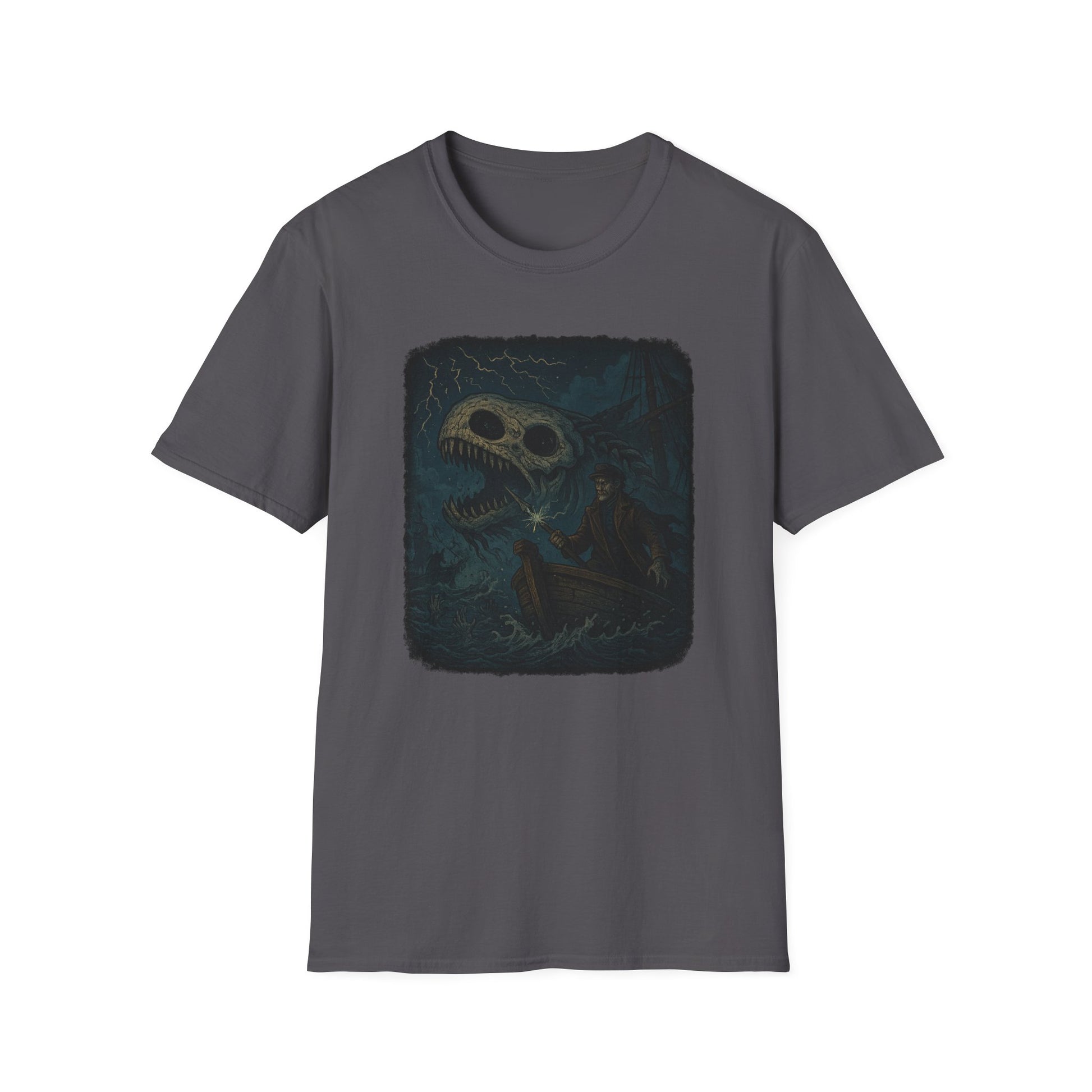 Captain Ahab bone whale tee by Printify featuring dark graphic of Captain Ahab in a boat with a whale skeleton