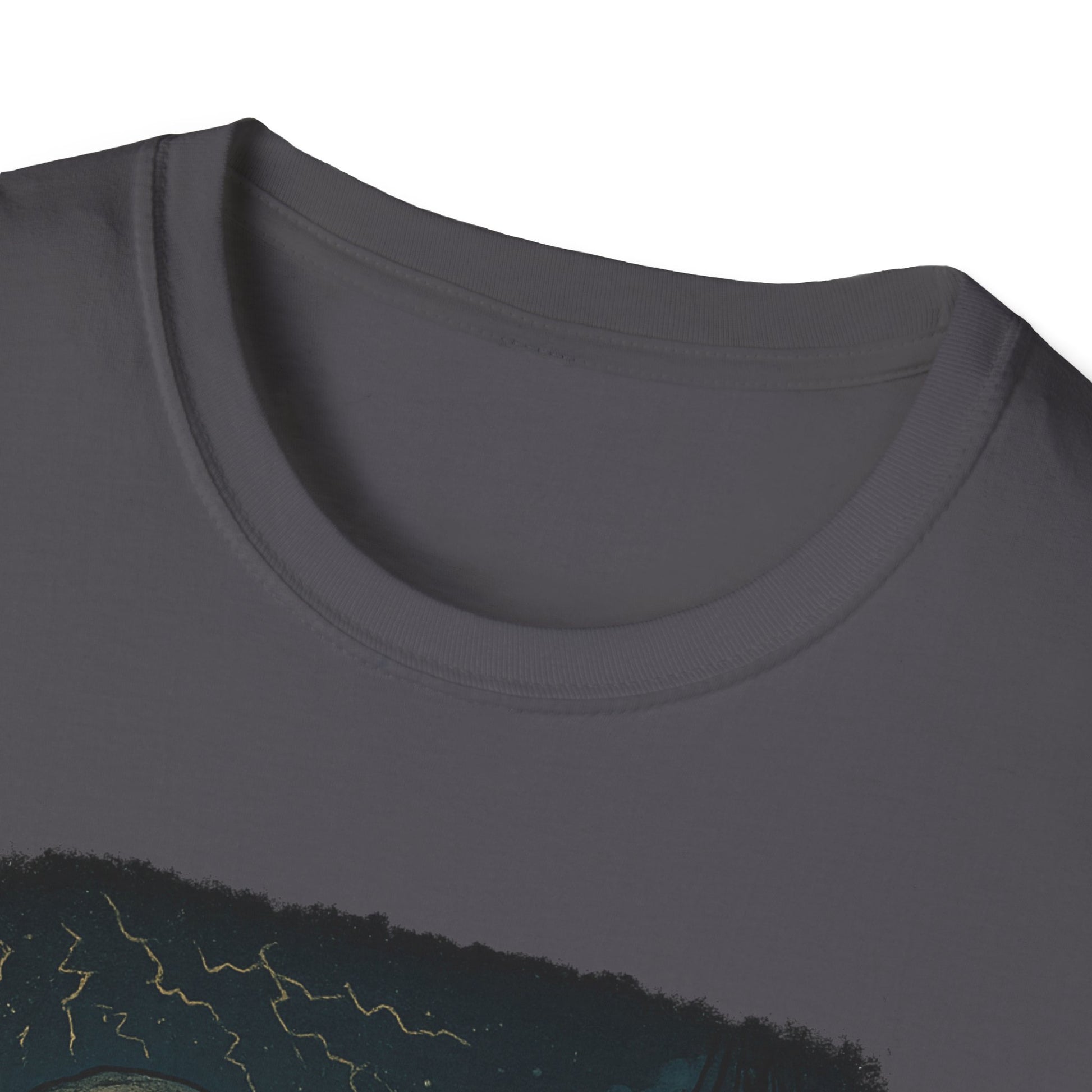 Printify charcoal Crew Neck T-Shirt featuring Captain Ahab bone whale tee design with artistic whale imagery