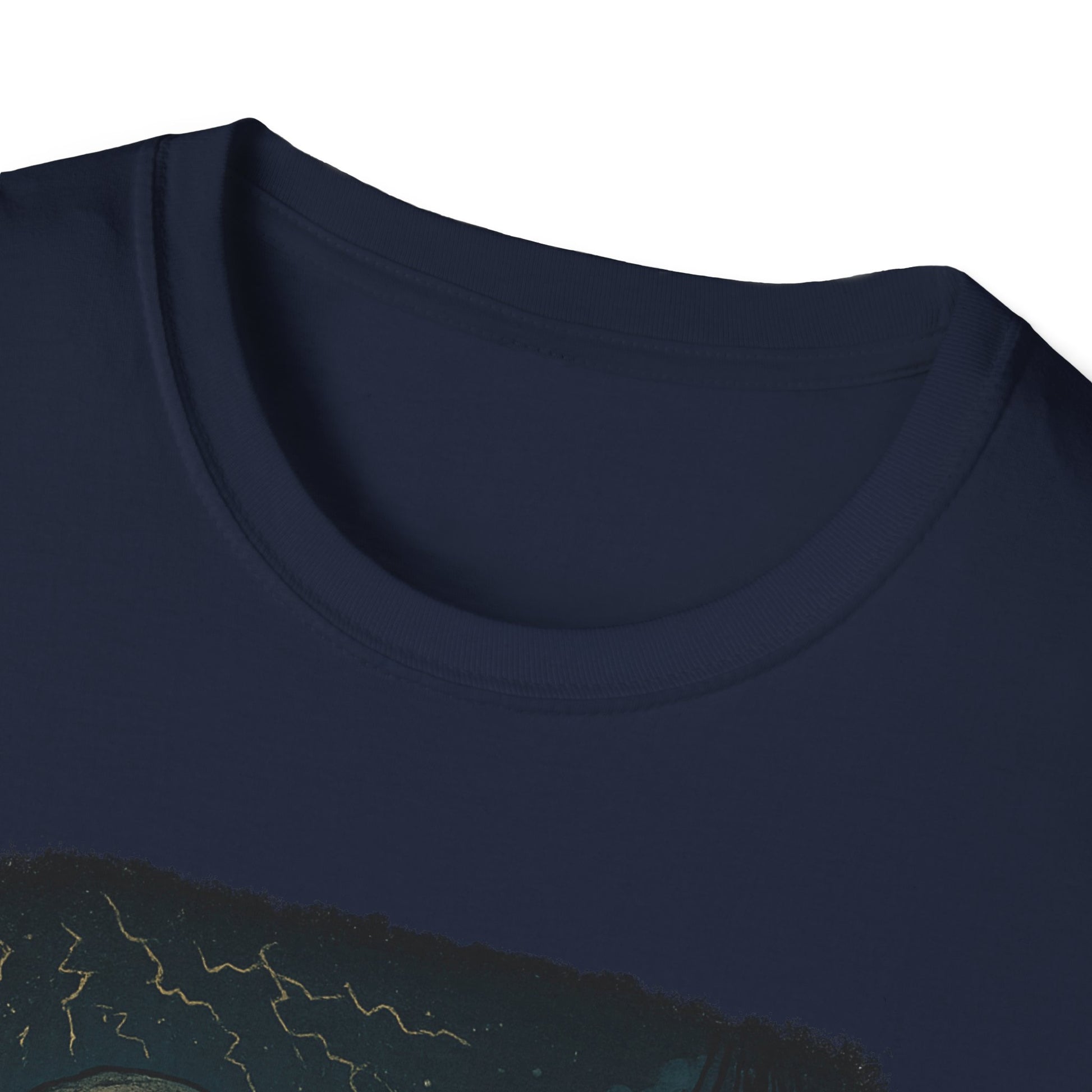 Close-up of navy Printify t-shirt collar featuring Captain Ahab bone whale tee design