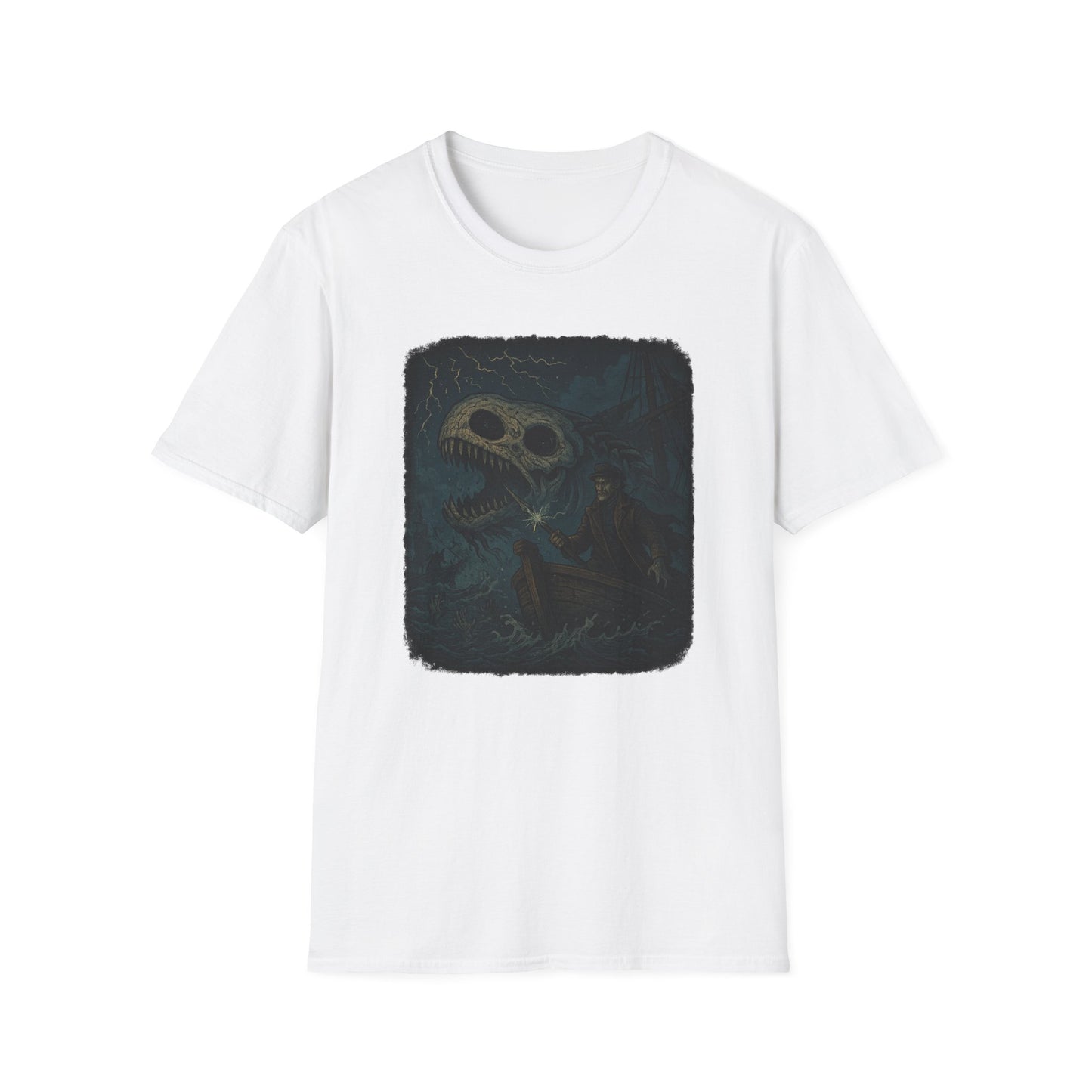 White Printify T-shirt featuring Captain Ahab bone whale tee graphic with dark sea and whale skeleton