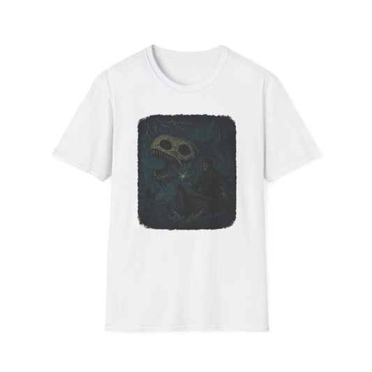 White Printify T-shirt featuring Captain Ahab bone whale tee graphic with dark sea and whale skeleton
