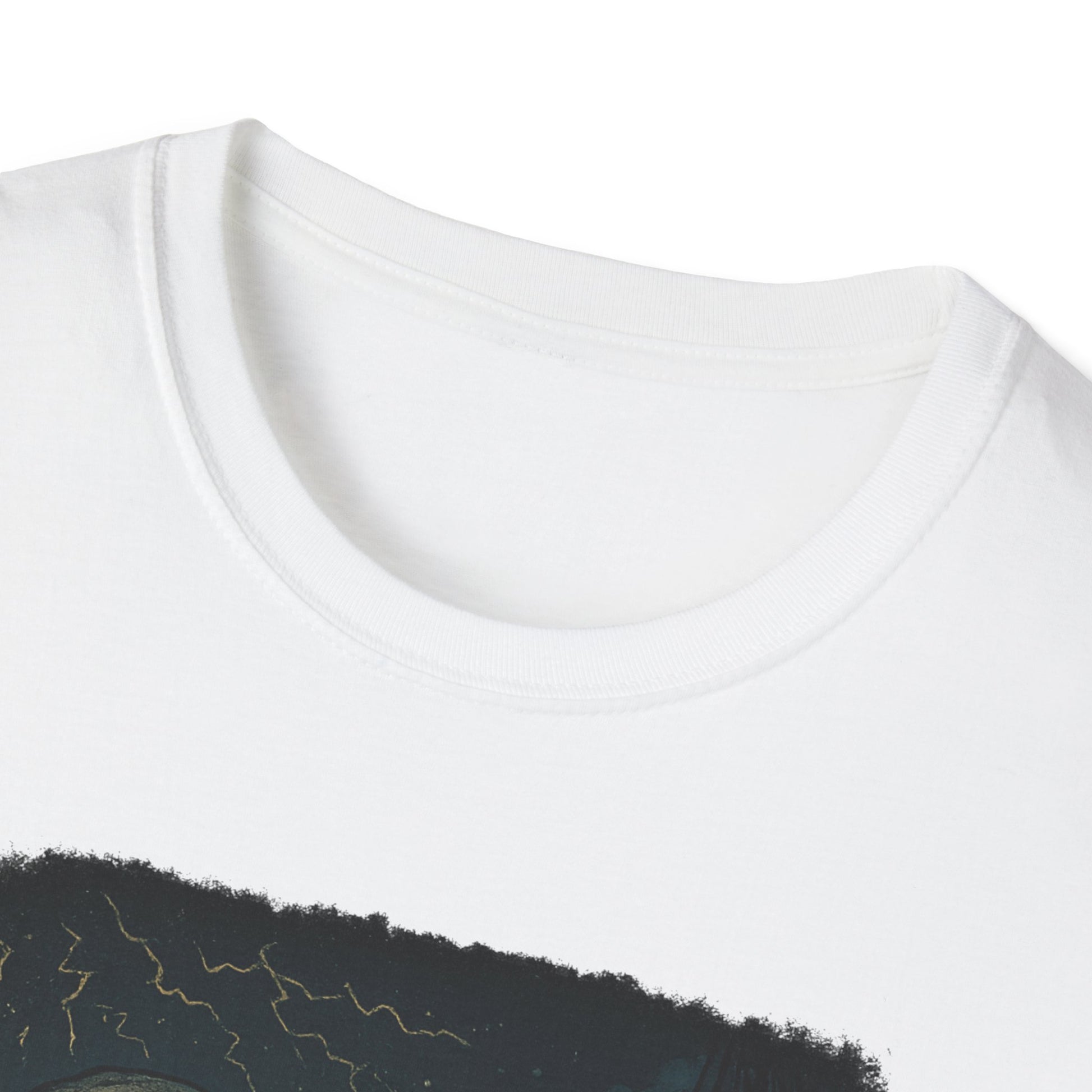 Close-up of white Printify Captain Ahab bone whale tee showing crew neck and part of graphic print