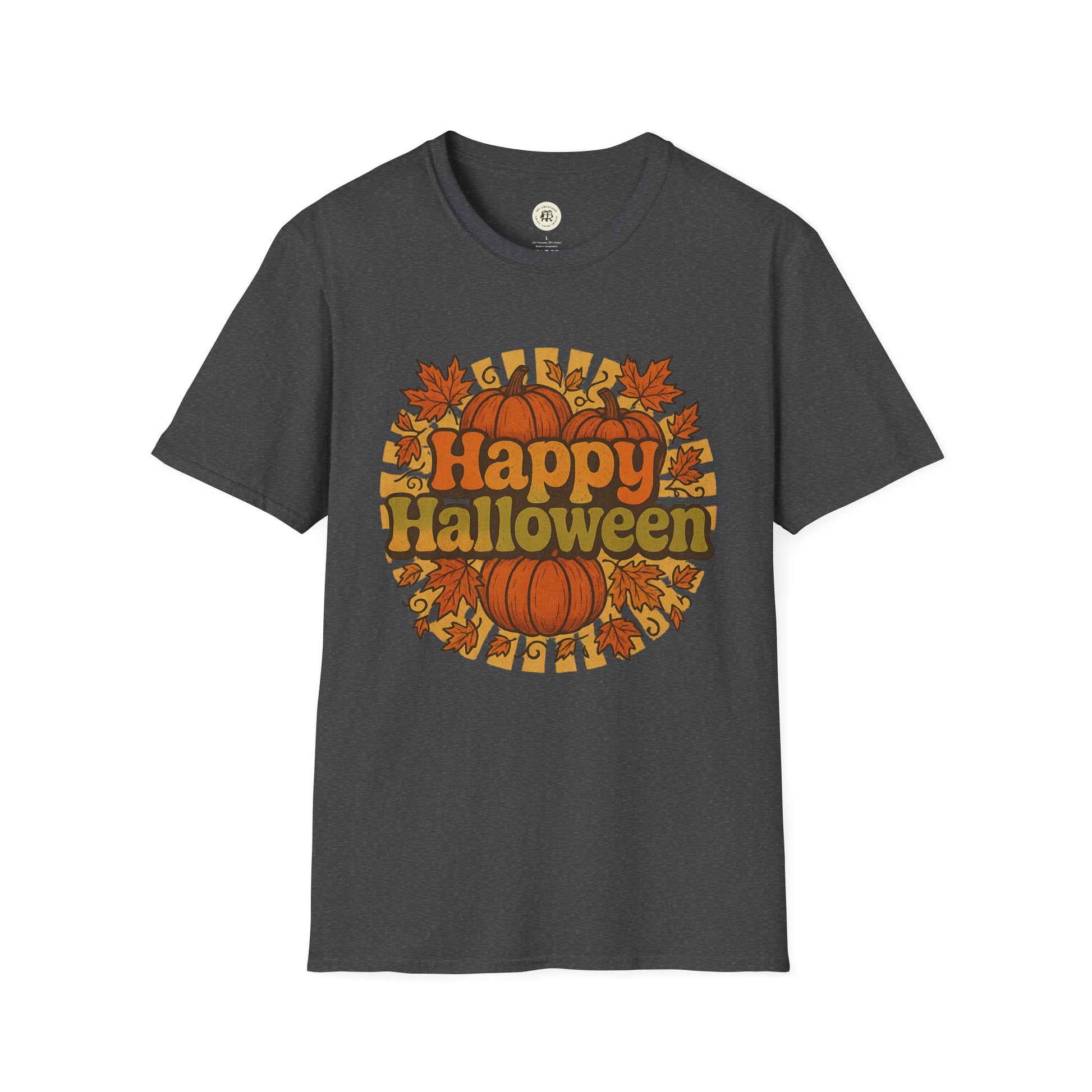 Printify happy halloween t-shirt with orange pumpkins and autumn leaves on gray fabric