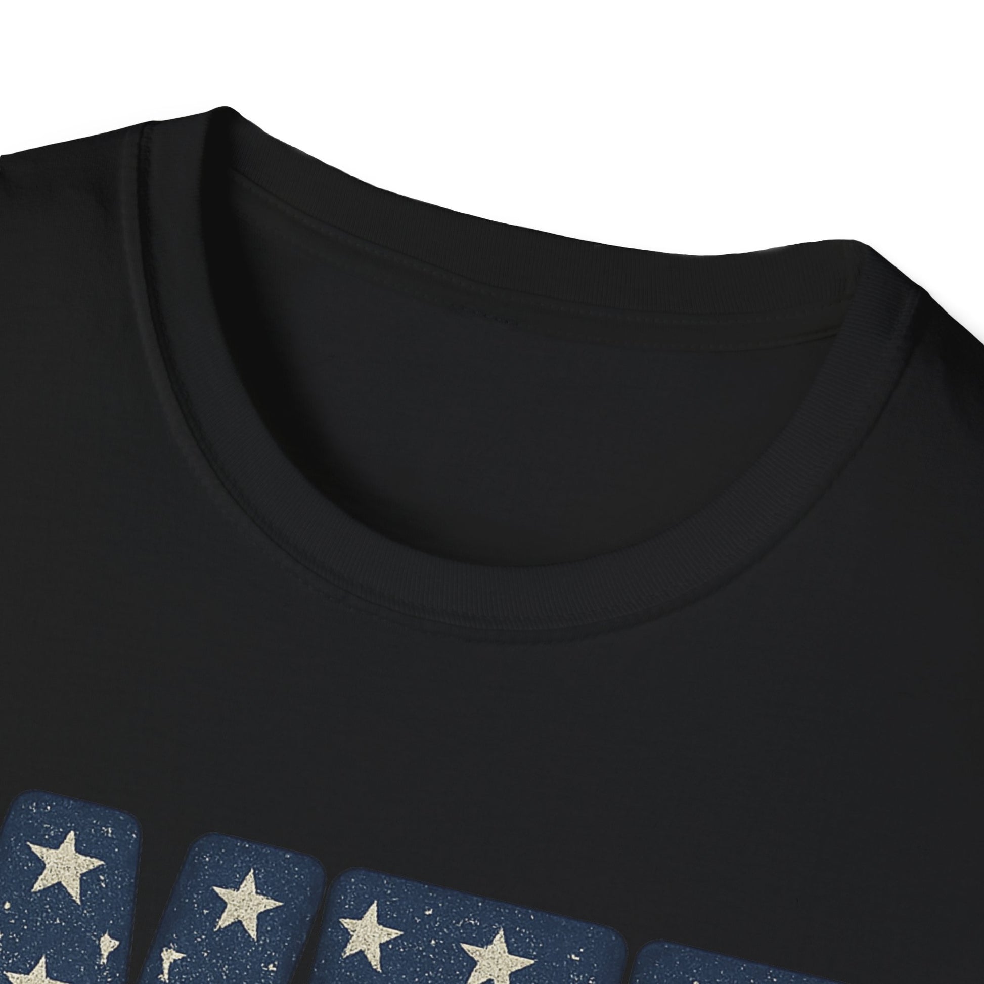 Black whiskey tango foxtrot shirt by Printify with white star design and round neckline