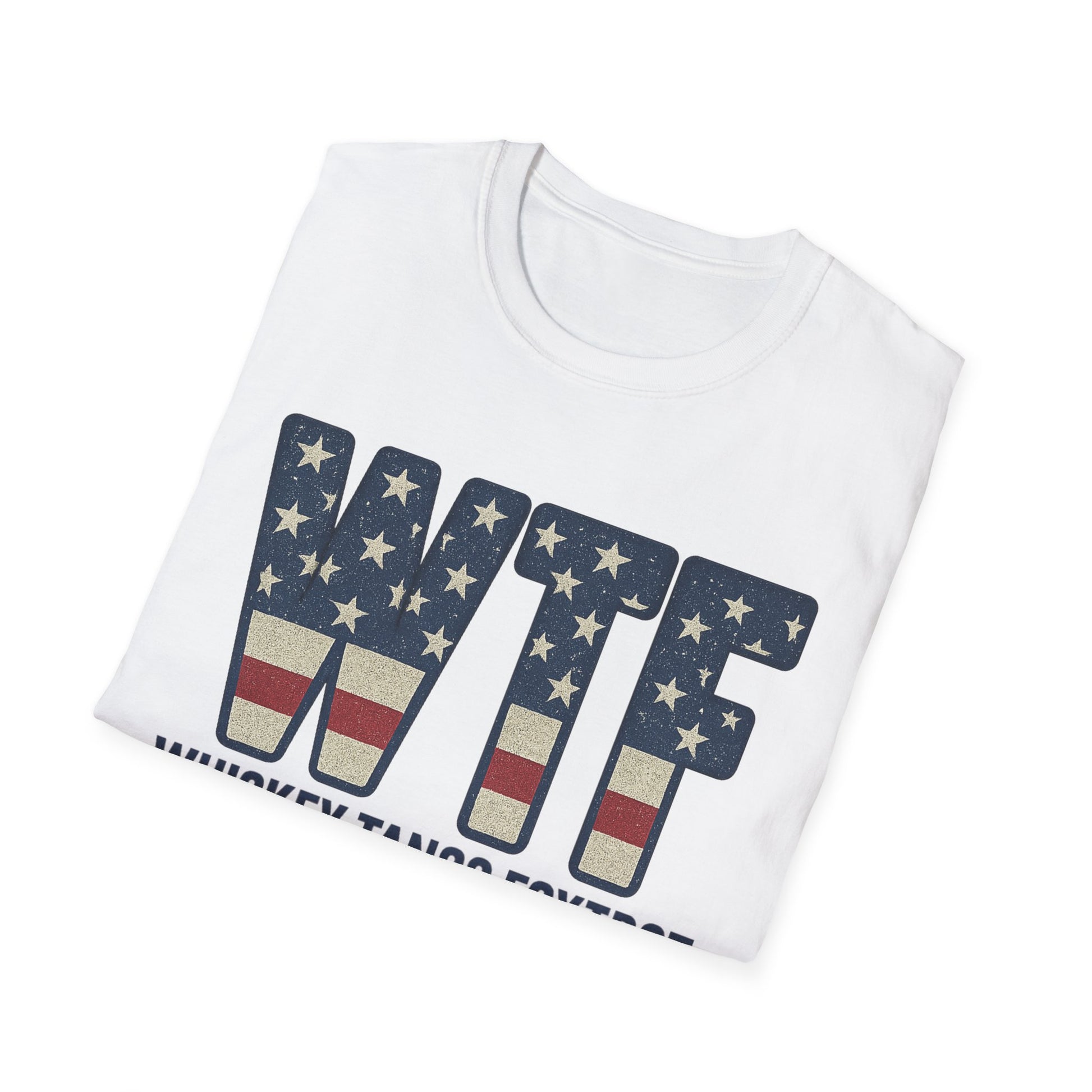 White whiskey tango foxtrot shirt with WTF letters in American flag design folded neatly