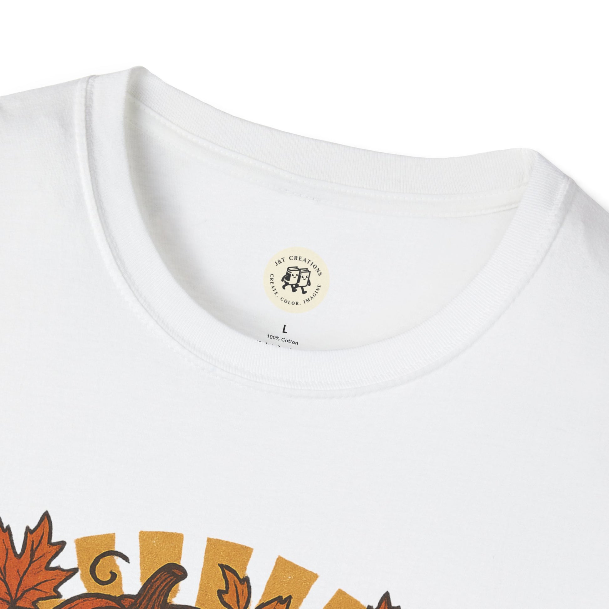 Printify white happy halloween t-shirt featuring autumn leaves design close-up on collar