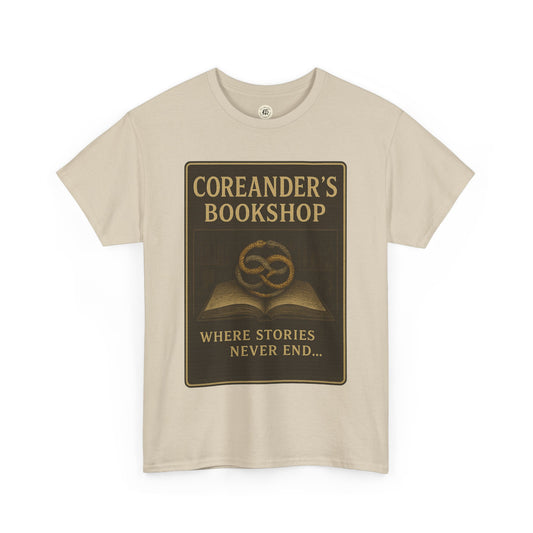Printify beige Neverending Story t-shirt featuring Coreander's Bookshop design with open book and text