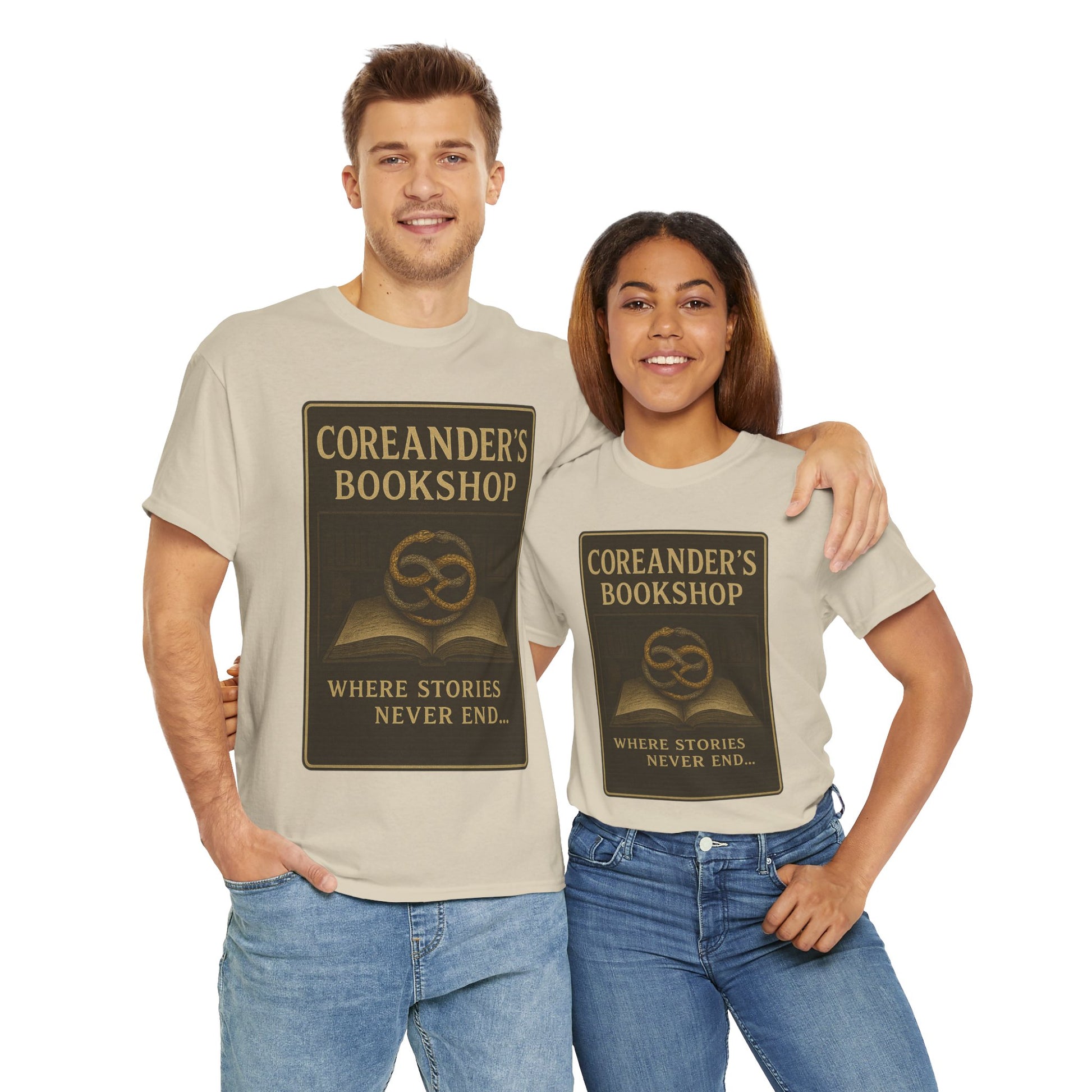 Printify Neverending Story t-shirt featuring Coreander's Bookshop design worn by man and woman1