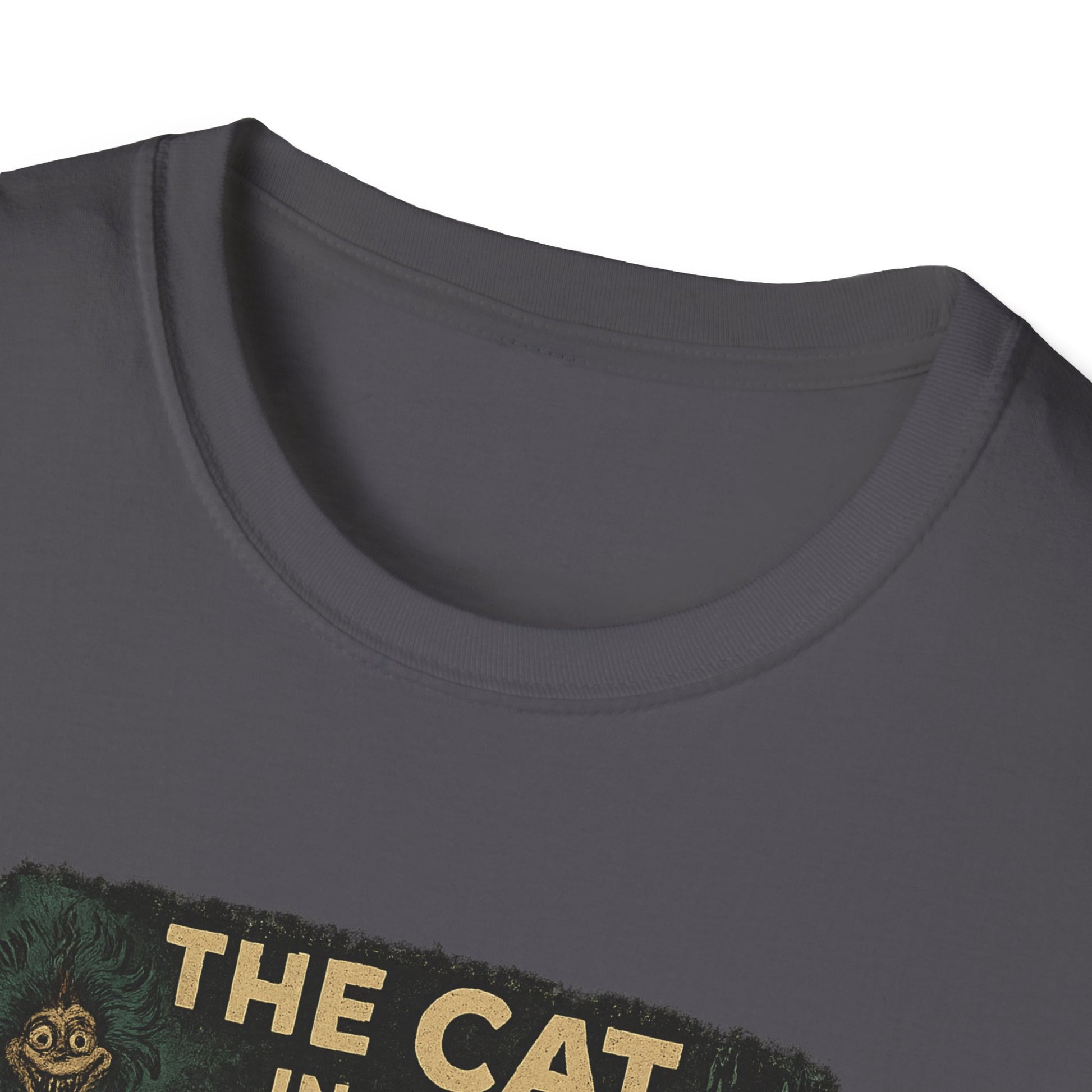Dark gray Printify t-shirt featuring a creepy Dr. Seuss mashup Halloween shirt design with a spooky cat illustration
