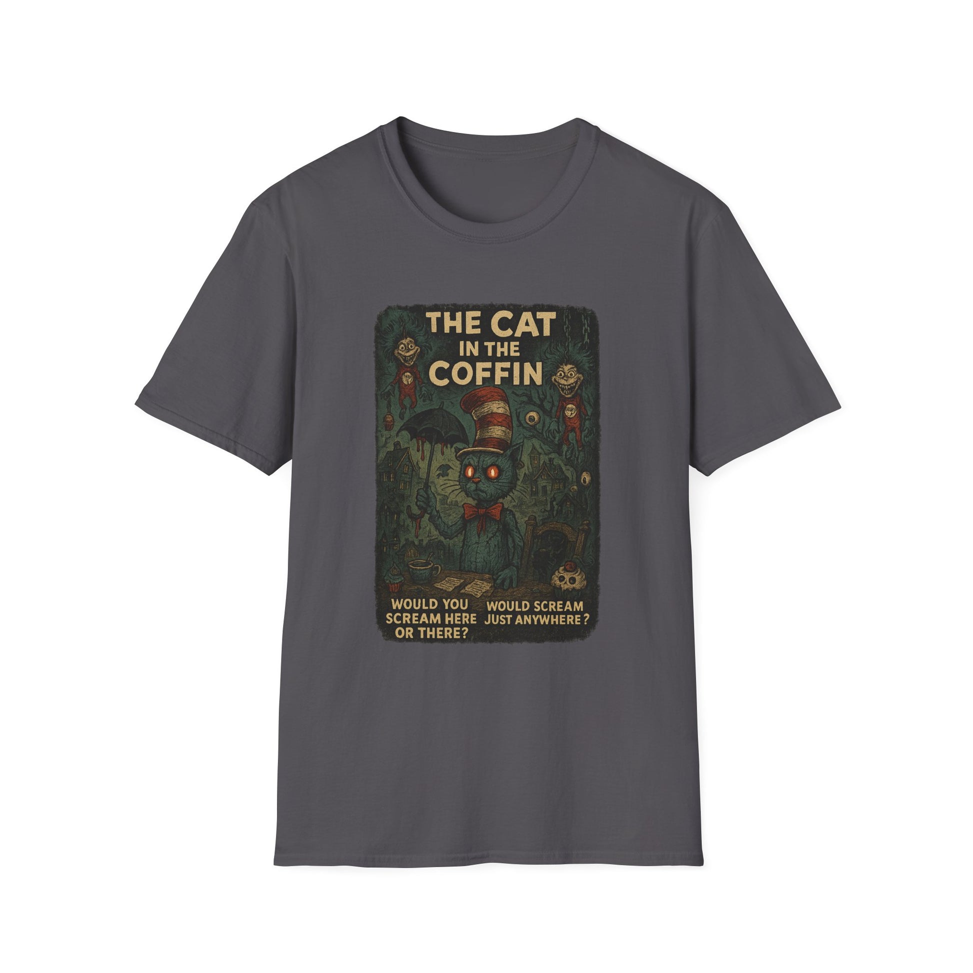 Printify creepy Dr. Seuss mashup Halloween shirt with spooky cat and coffin design