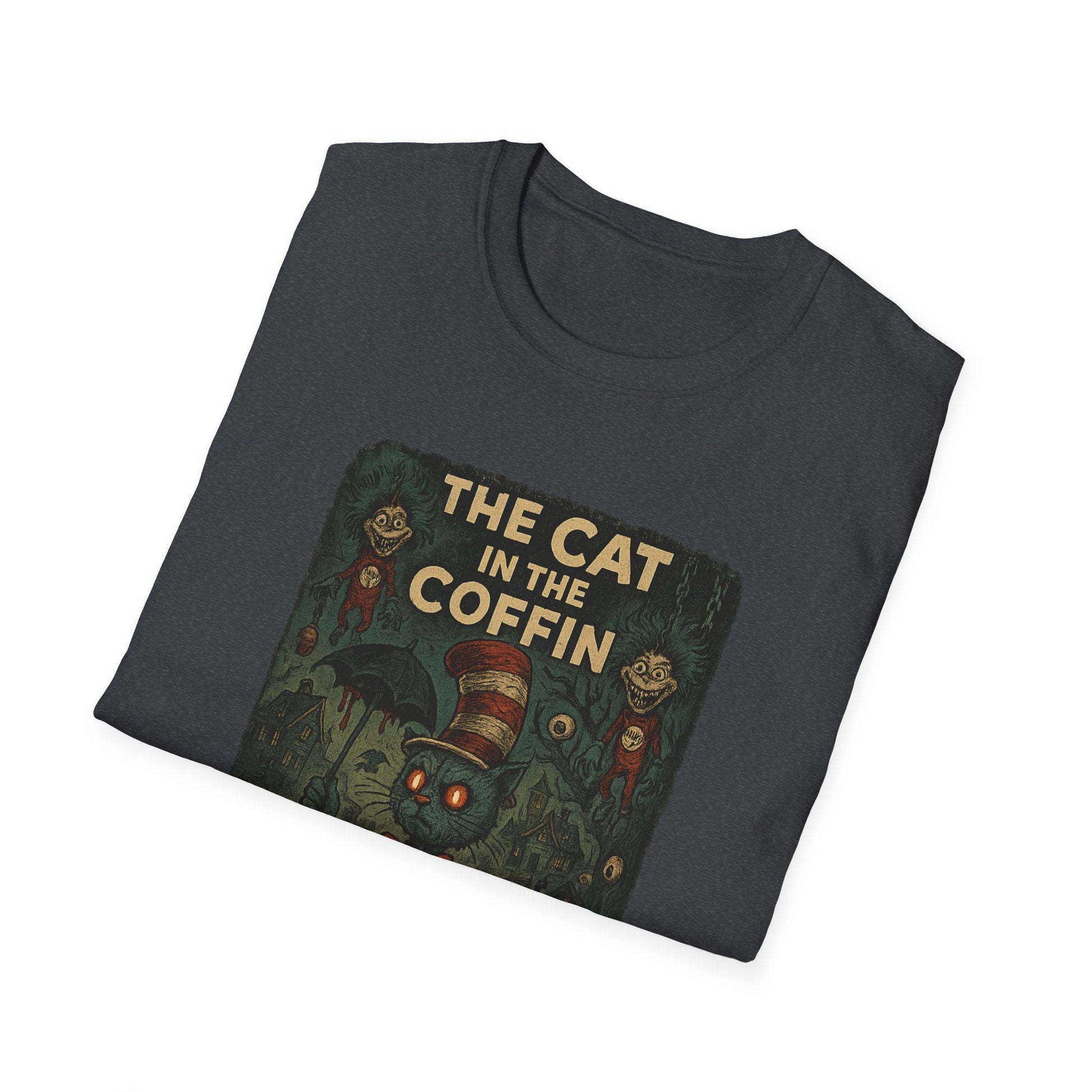 Printify creepy Dr. Seuss mashup Halloween shirt with The Cat in the Coffin spooky design