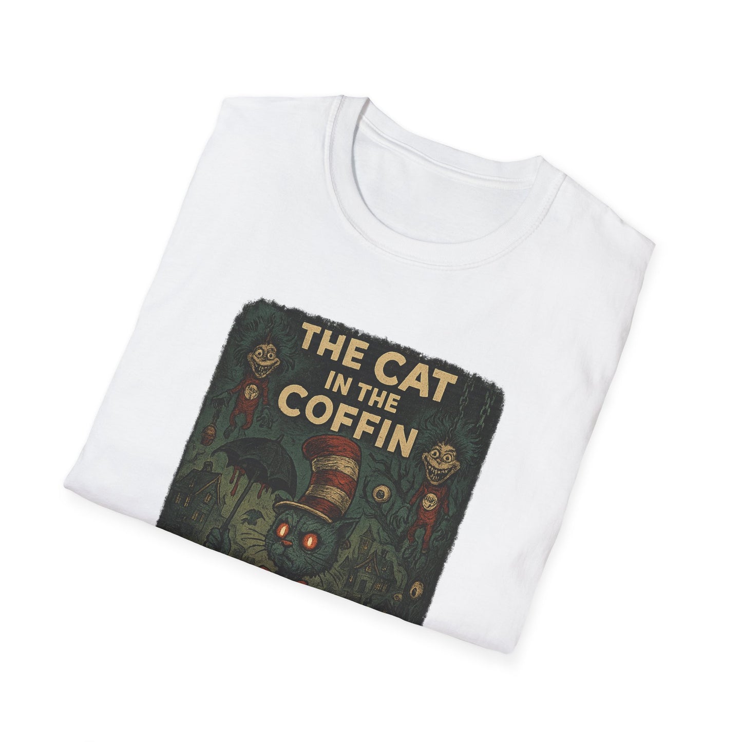 White Printify T-Shirt featuring a creepy Dr. Seuss mashup Halloween shirt with The Cat in the Coffin design