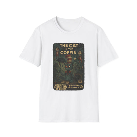 White Printify T-shirt featuring creepy Dr. Seuss mashup Halloween shirt design with spooky cat and coffin