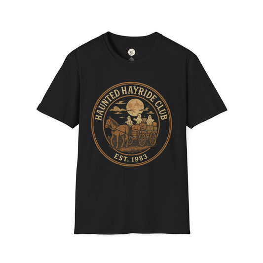 Black haunted hayride t-shirt with vintage brown graphic of ghosts on a horse-drawn wagon under full moon