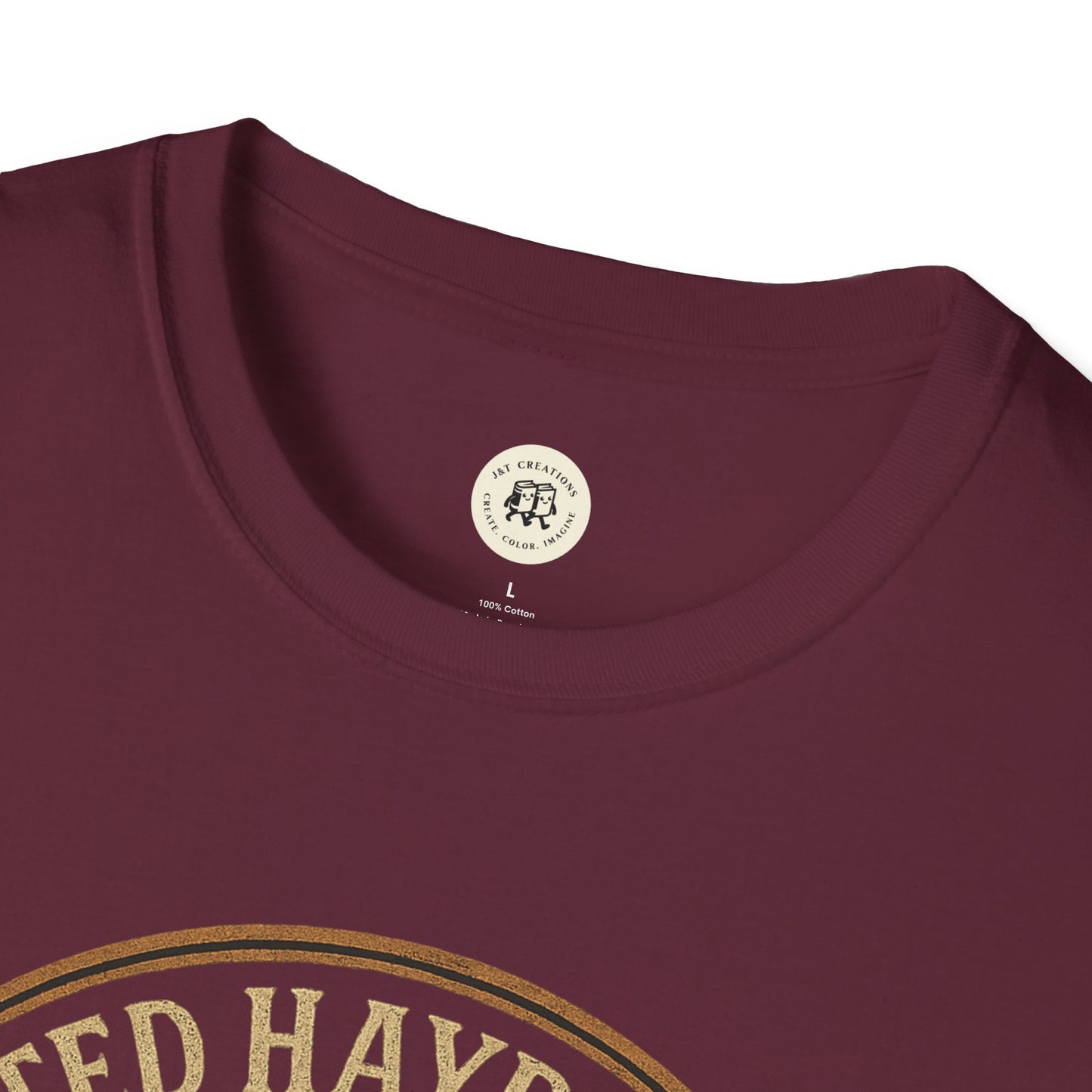 Burgundy Printify haunted hayride t-shirt with round neckline and vintage style print