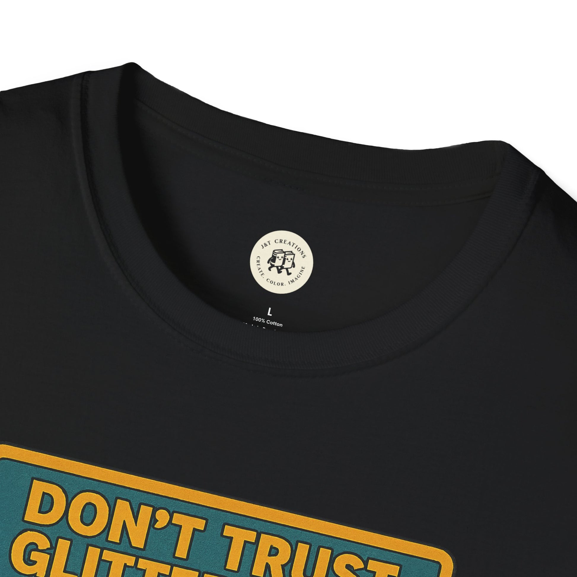 Black Daisy Buchanan retro tee by Printify featuring bold yellow and teal text graphic on front