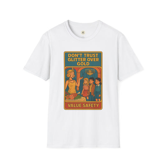 White Daisy Buchanan retro tee featuring vintage style graphic with phrase don't trust glitter over gold