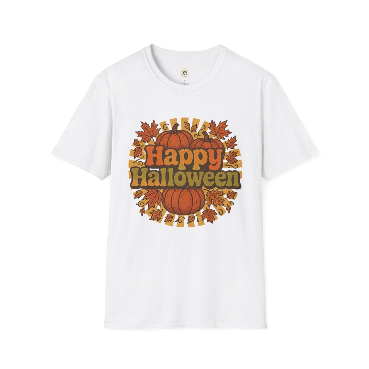 White Printify T-shirt with orange pumpkins and autumn leaves design and happy halloween t-shirt text