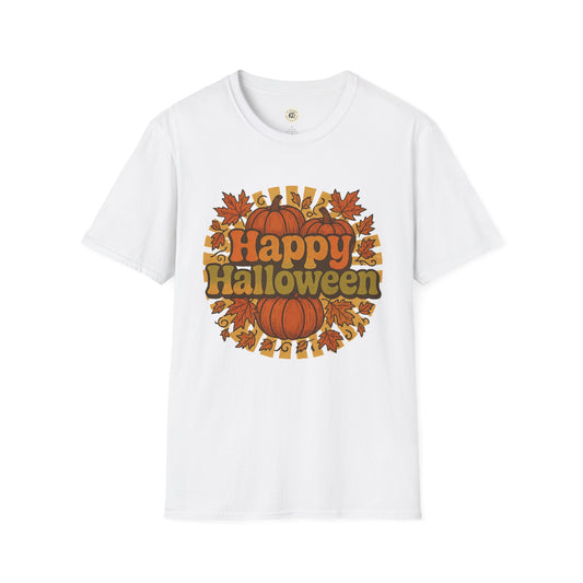 White Printify T-shirt with orange pumpkins and autumn leaves design and happy halloween t-shirt text